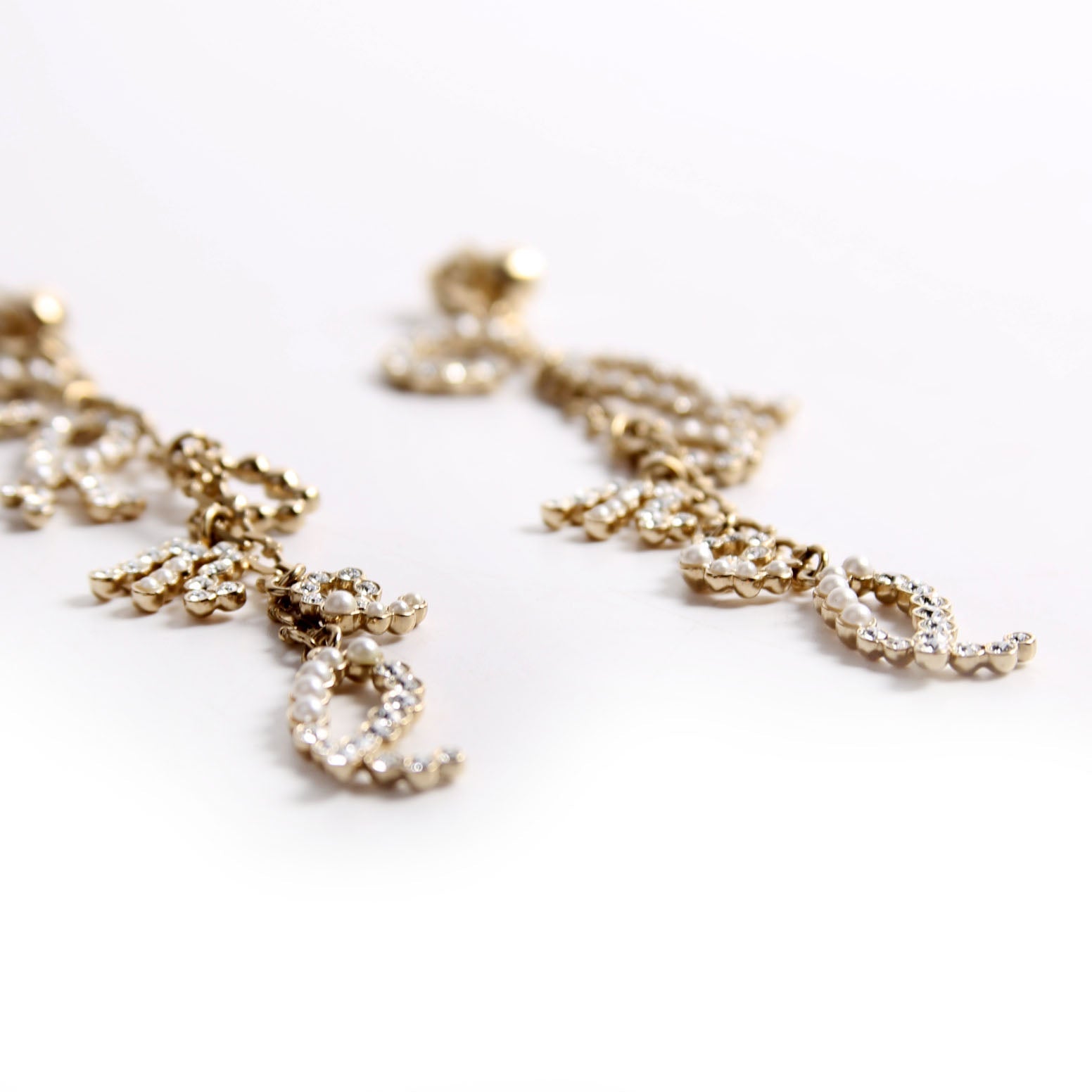 Chanel Crystal Pearl Drop Letters Clip On Earrings Gold/Pearl