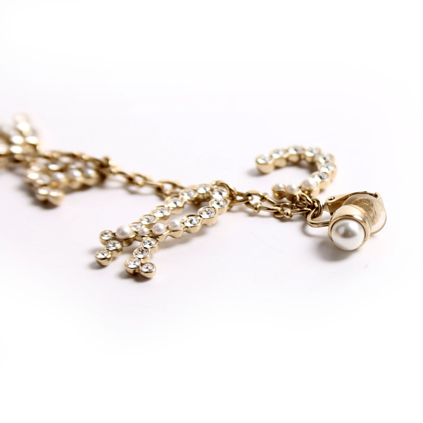 Chanel Crystal Pearl Drop Letters Clip On Earrings Gold/Pearl