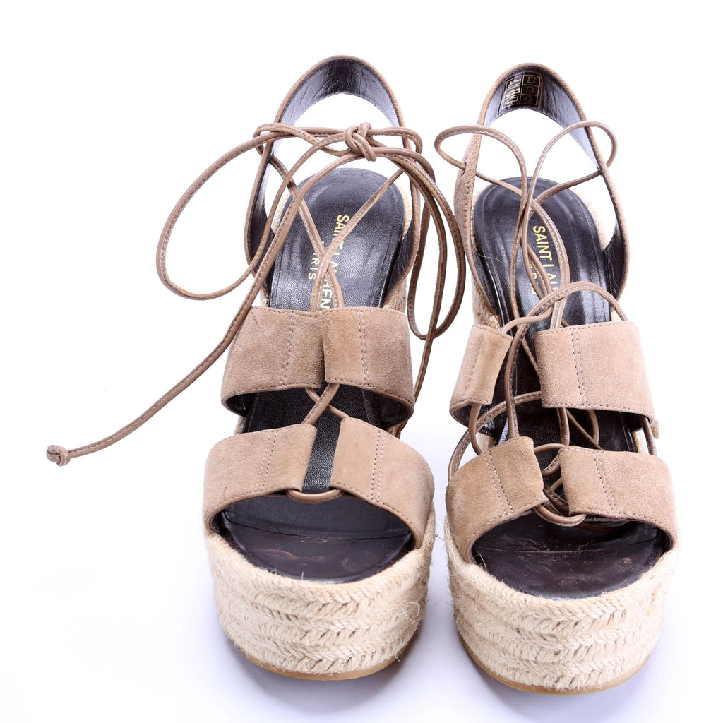 Saint Laurent Suede Lace Up Espadrille Wedges Size 38