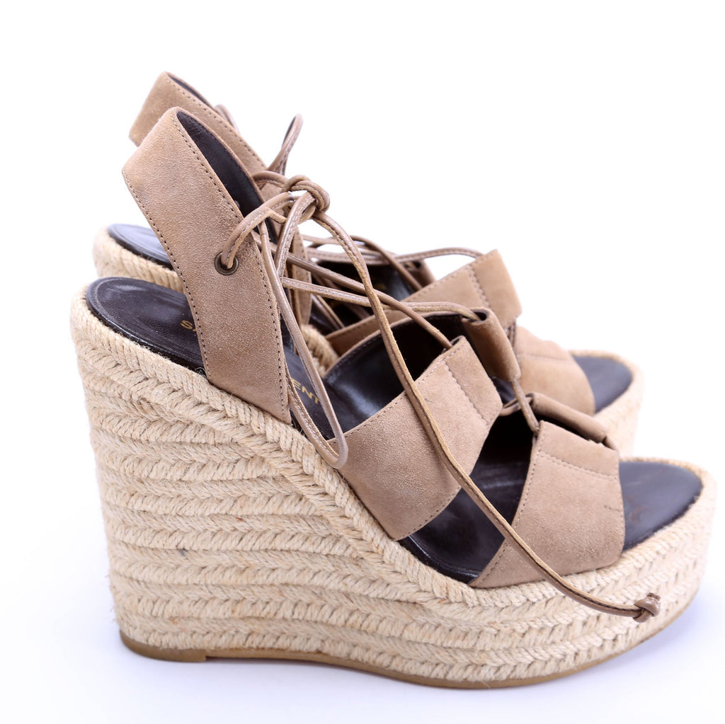 Saint Laurent Suede Lace Up Espadrille Wedges Size 38