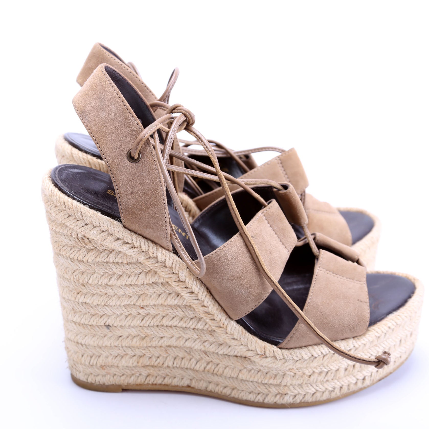 Saint Laurent Suede Lace Up Espadrille Wedges Size 38
