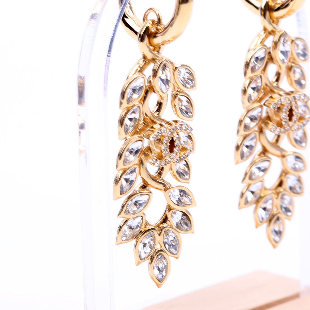 Chanel CC Crystal Leaf Drop Hoop Earrings Gold