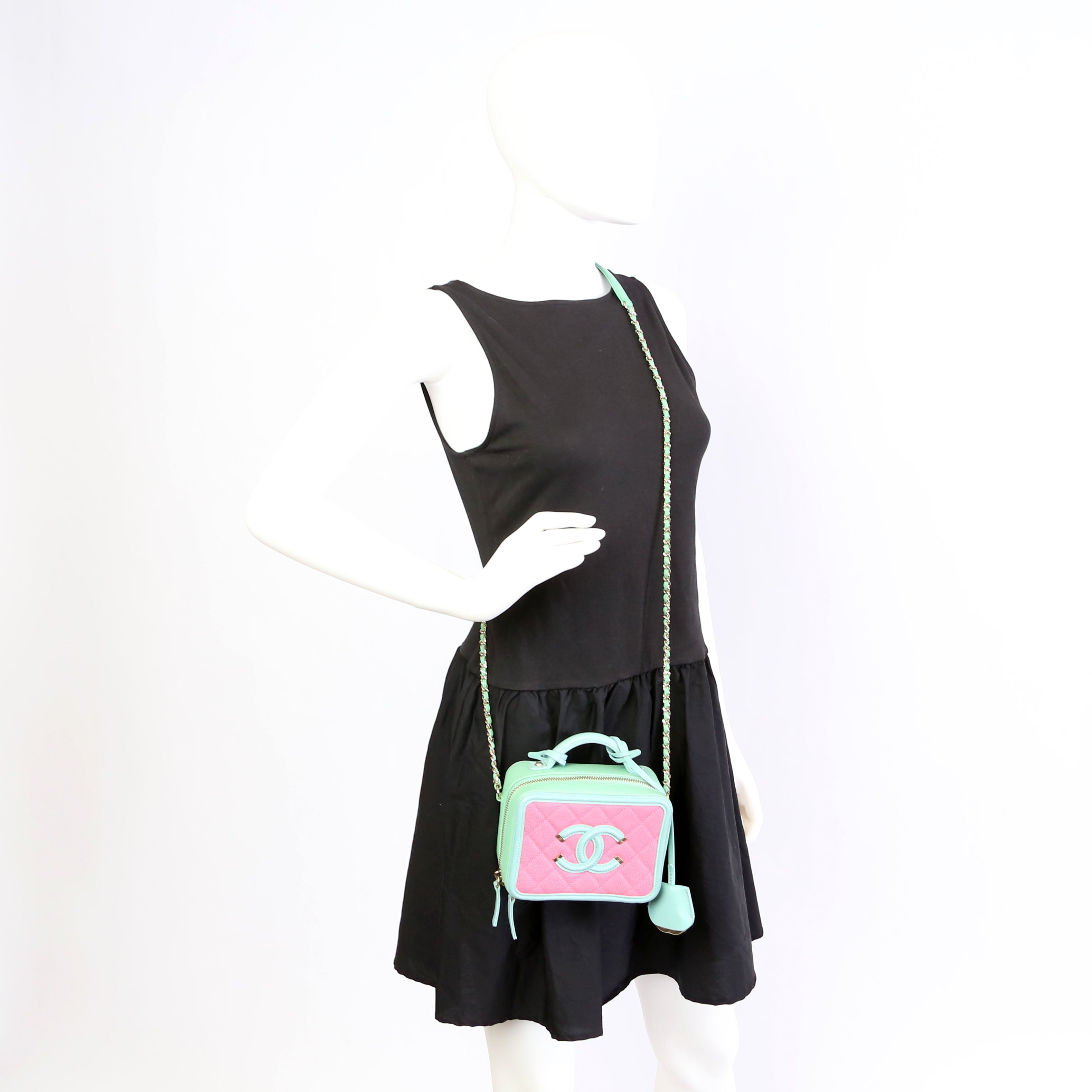 Chanel Mini Filigree Vanity Case 26M Green/Pink