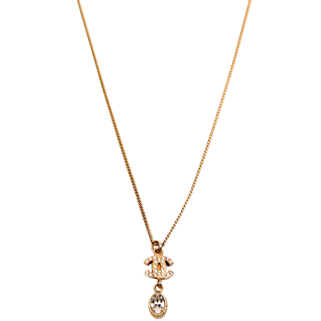 Chanel CC Rhinestone Drop Pendant Necklace Gold