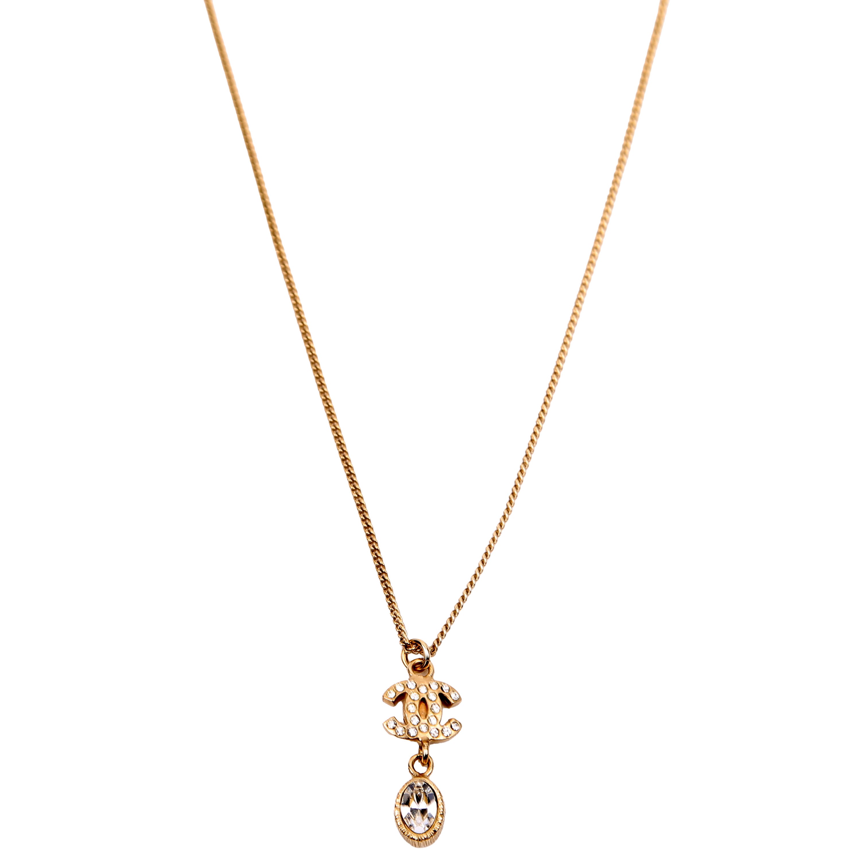 Chanel CC Rhinestone Drop Pendant Necklace Gold