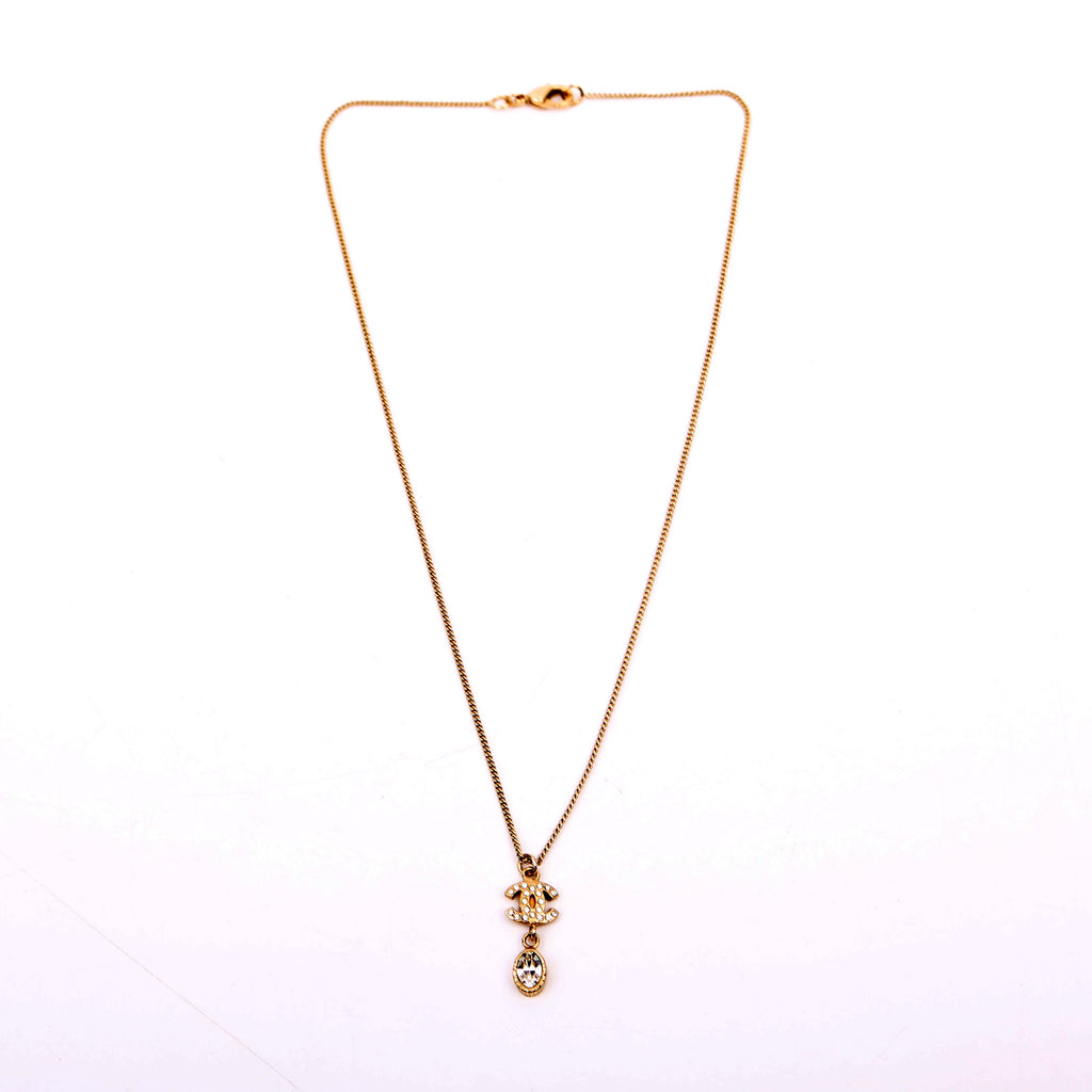 Chanel CC Rhinestone Drop Pendant Necklace Gold