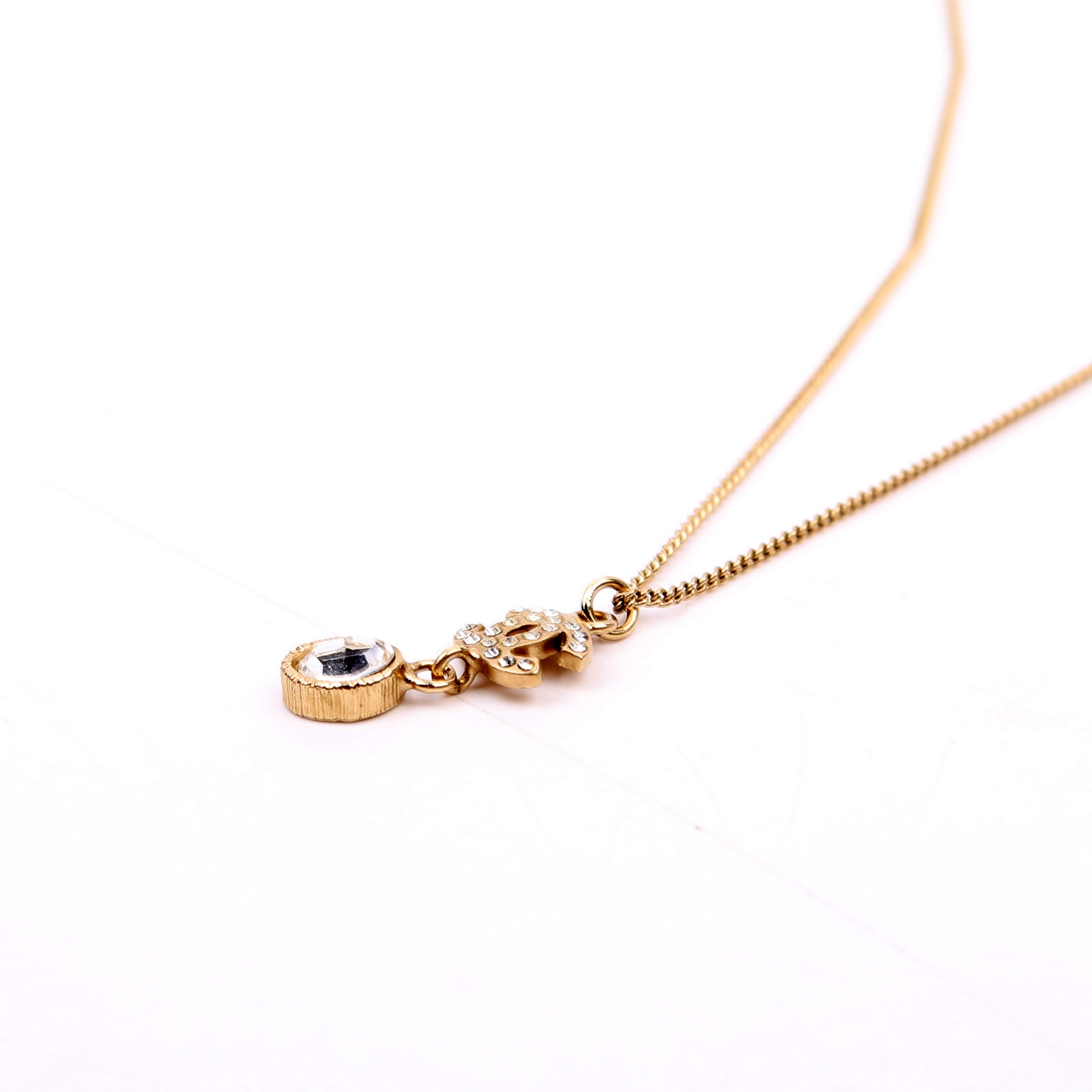 Chanel CC Rhinestone Drop Pendant Necklace Gold