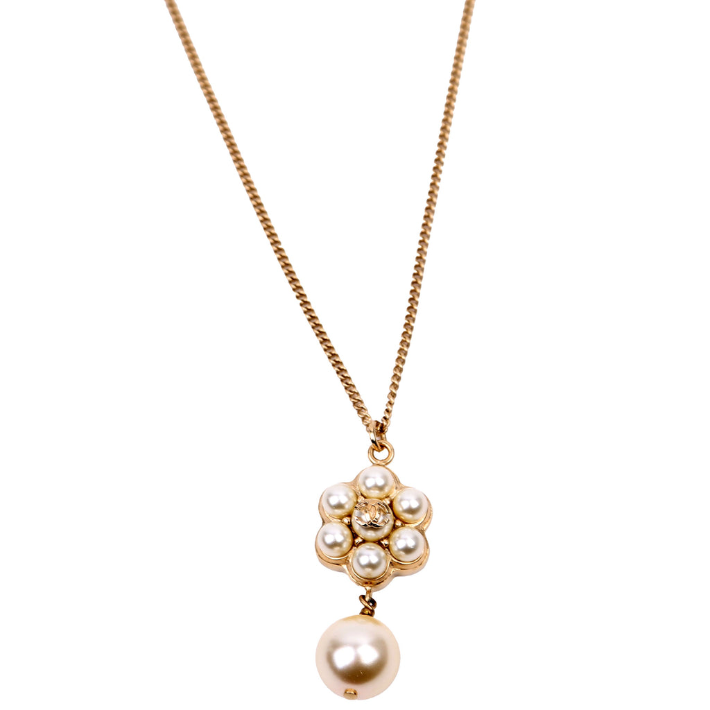 Chanel CC Flower Faux Pearl Drop Pendant Necklace Gold
