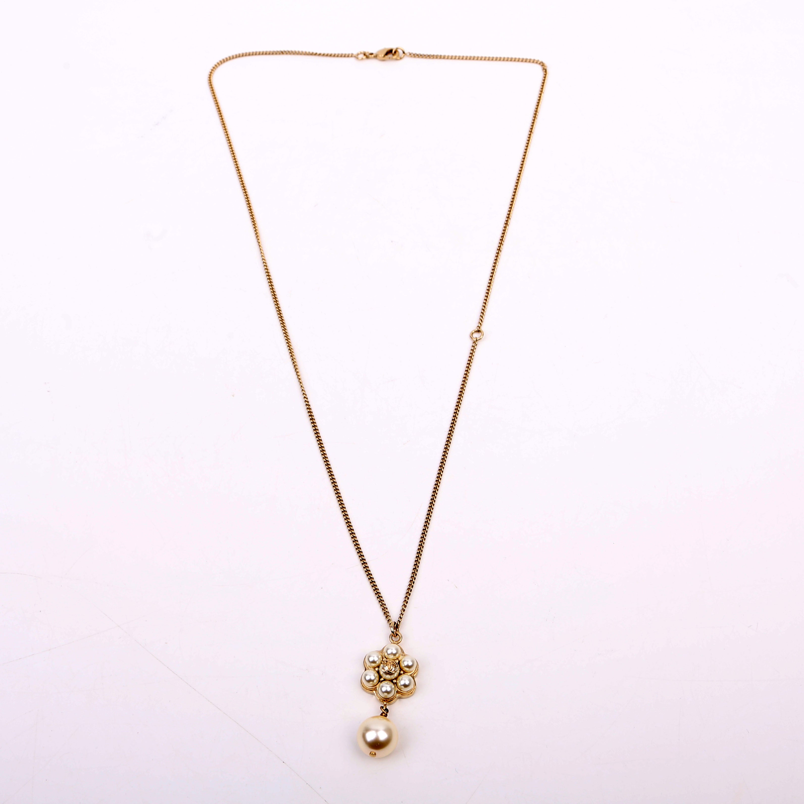 Chanel CC Flower Faux Pearl Drop Pendant Necklace Gold