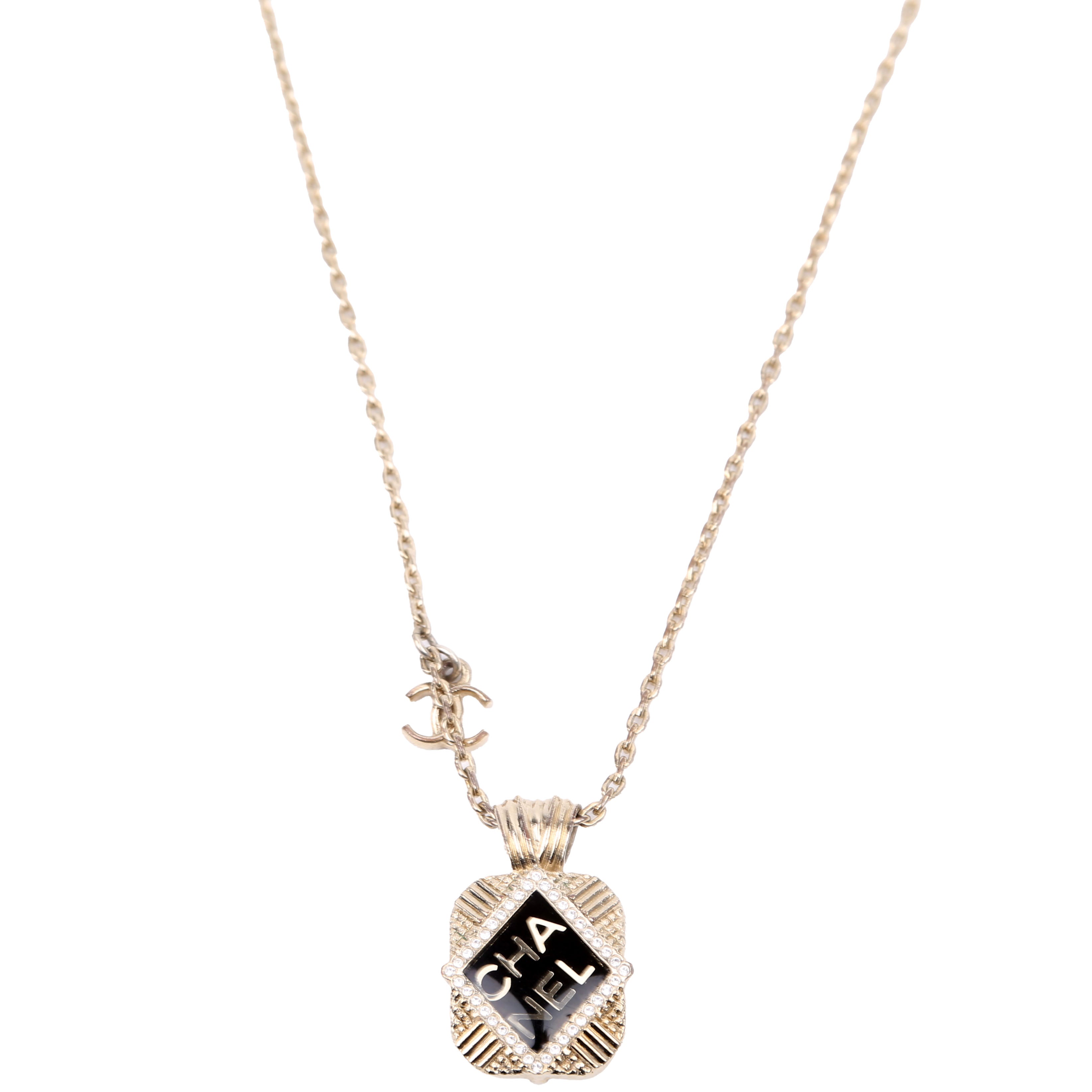 Chanel Square Crystal Resin Logo Pendant Necklace Gold