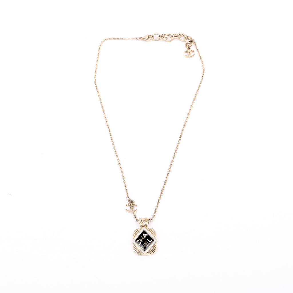 Chanel Square Crystal Resin Logo Pendant Necklace Gold