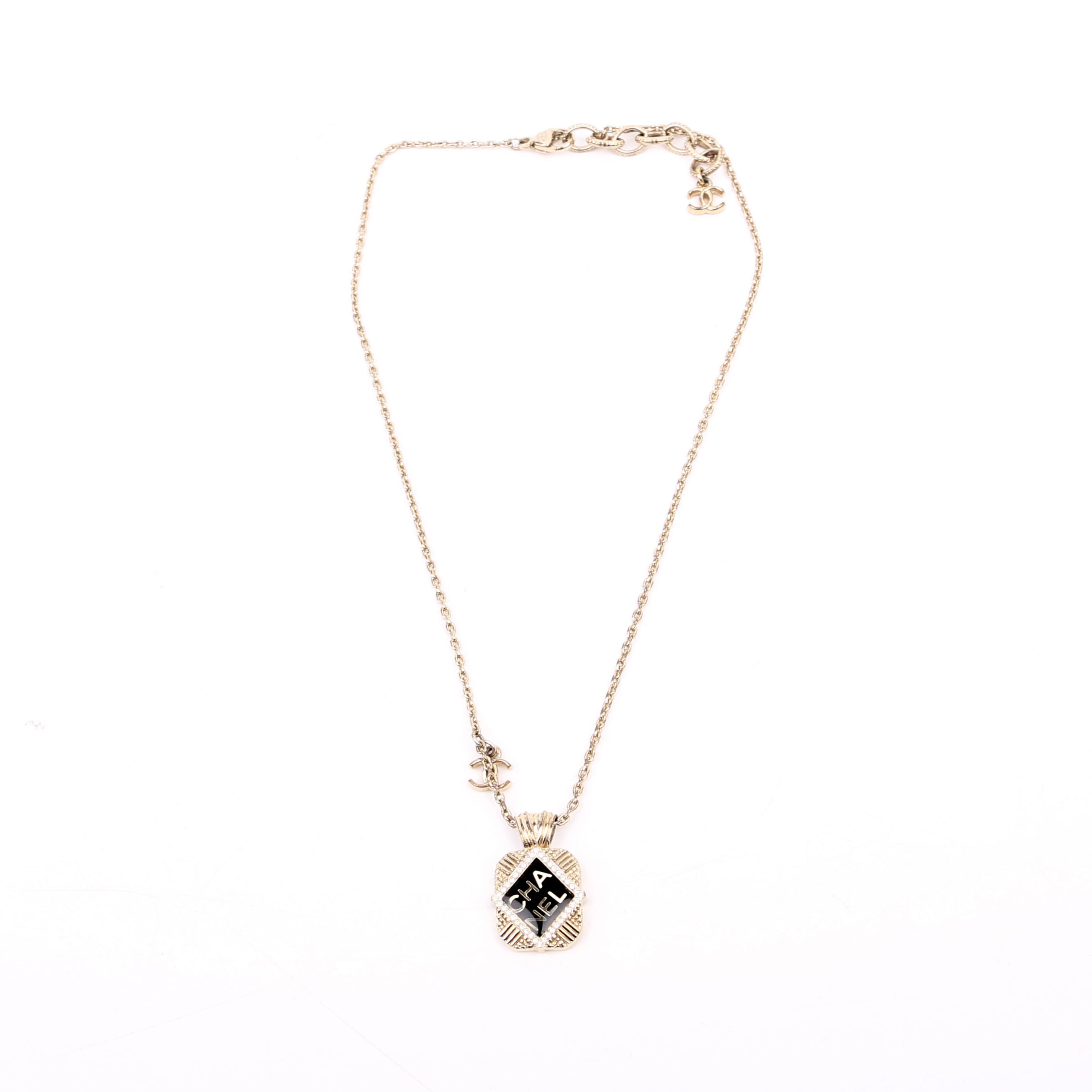 Chanel Square Crystal Resin Logo Pendant Necklace Gold