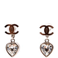 Chanel CC Heart Rhinestone Drop Clip On Earrings Silver