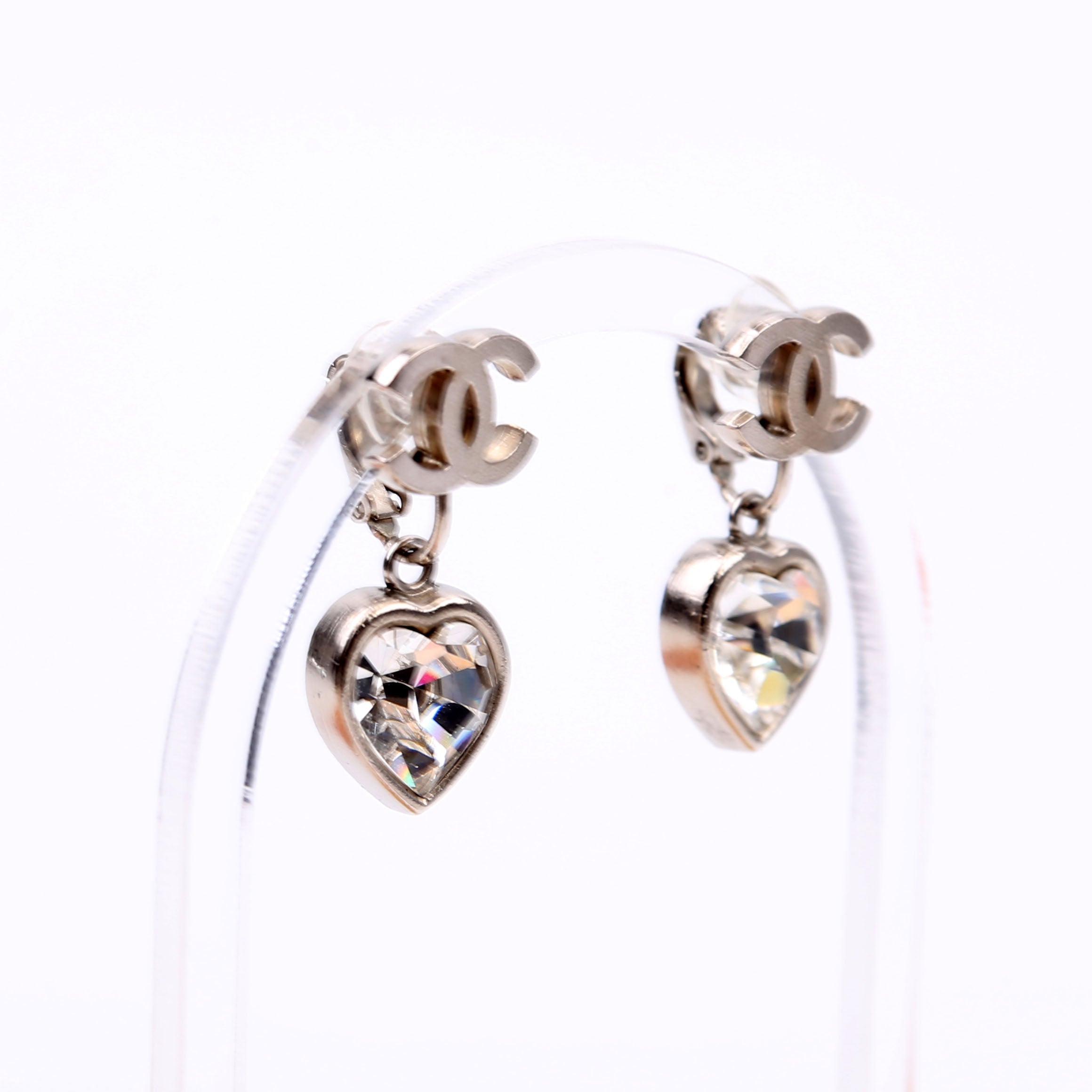 Chanel CC Heart Rhinestone Drop Clip On Earrings Silver