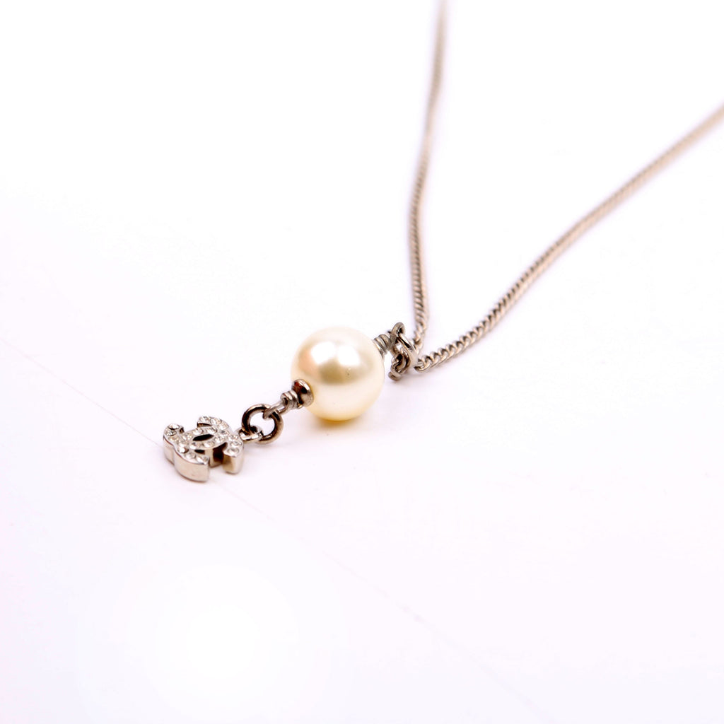 Chanel Pearl Drop CC Rhinestone Pendant Necklace Silver