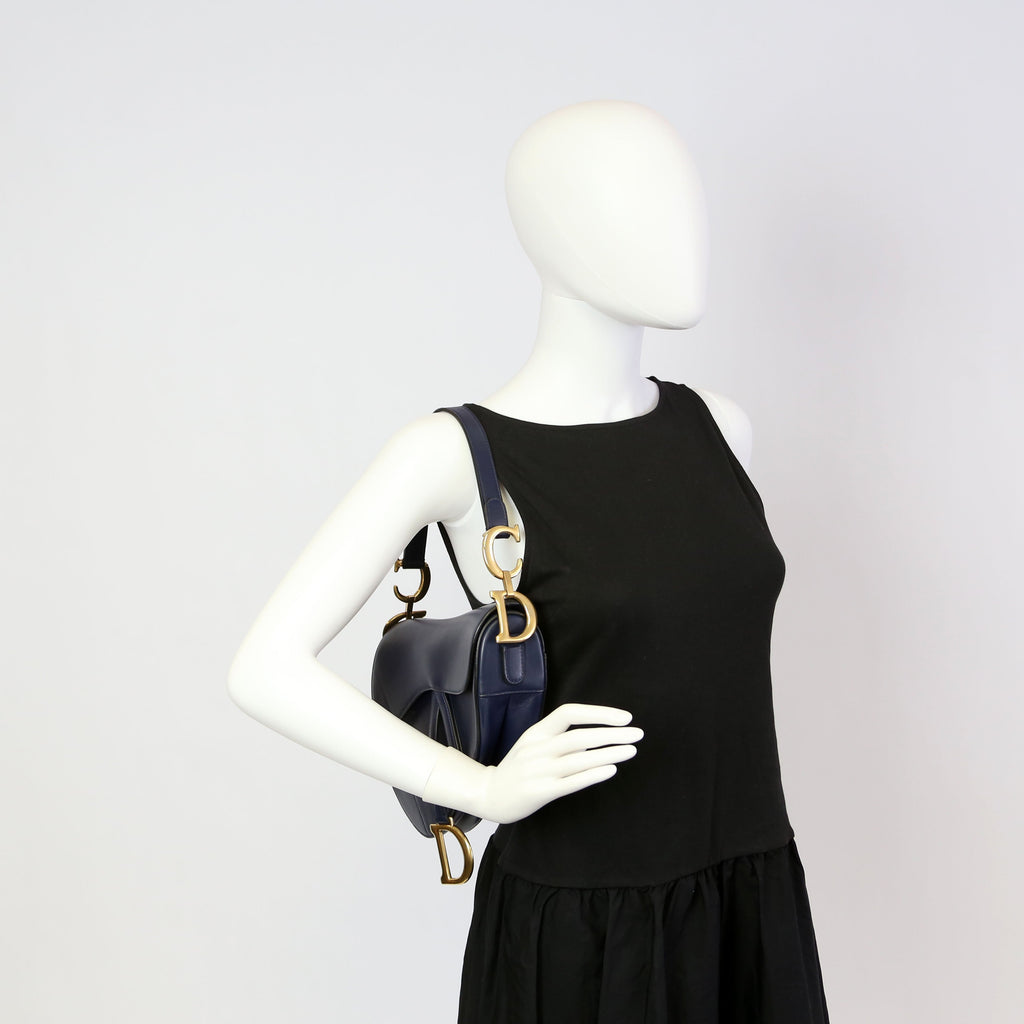 Christian Dior Saddle Bag Leather Navy Blue