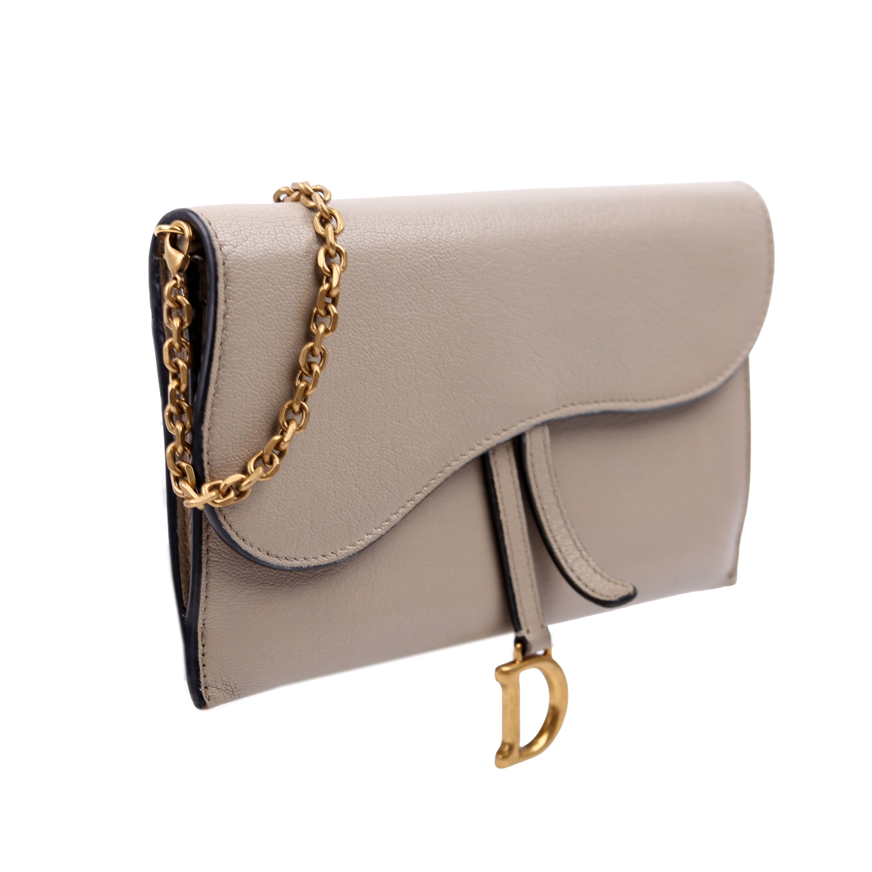 Christian Dior Saddle Pouch With Chain Small Calfskin Gray