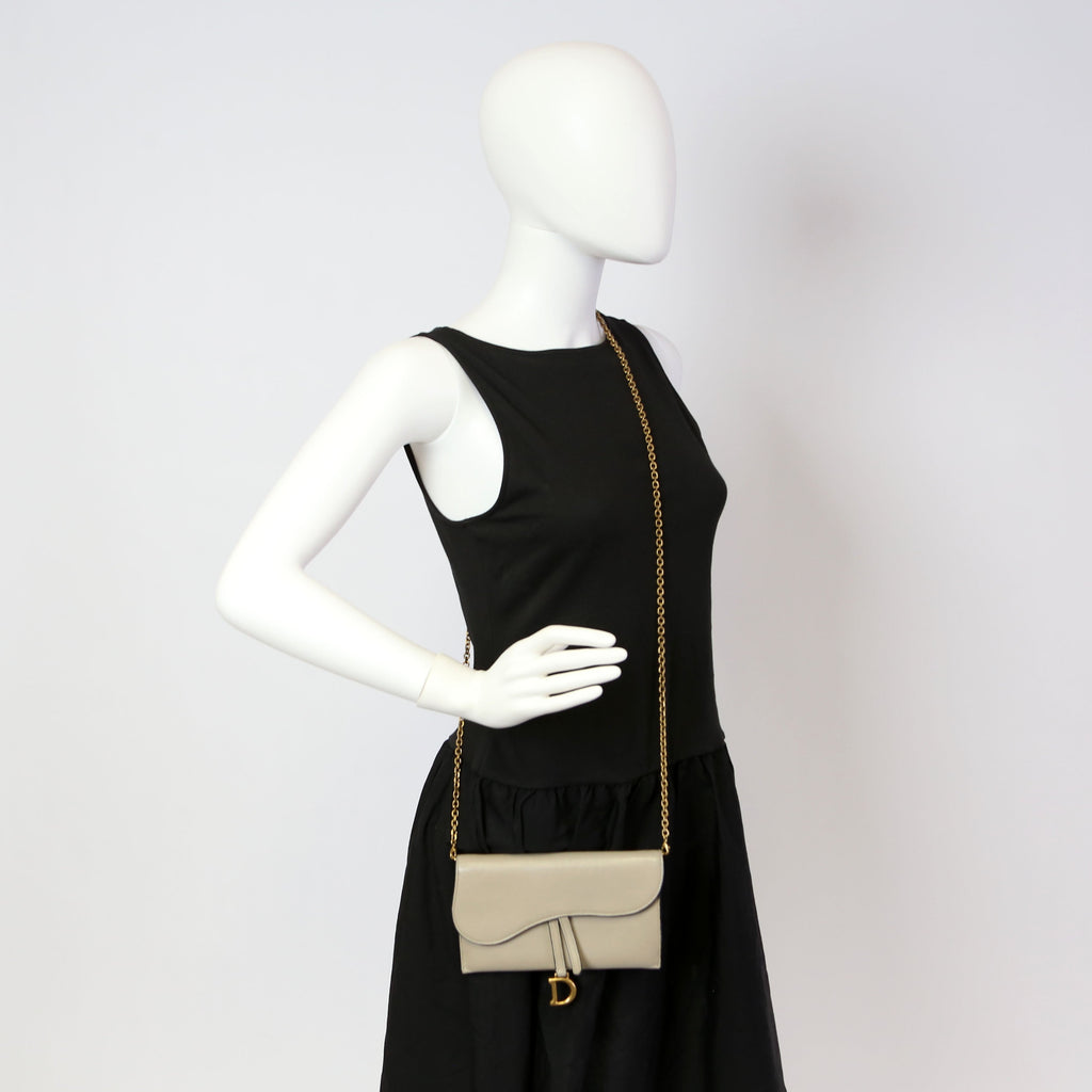 Christian Dior Saddle Pouch With Chain Small Calfskin Gray