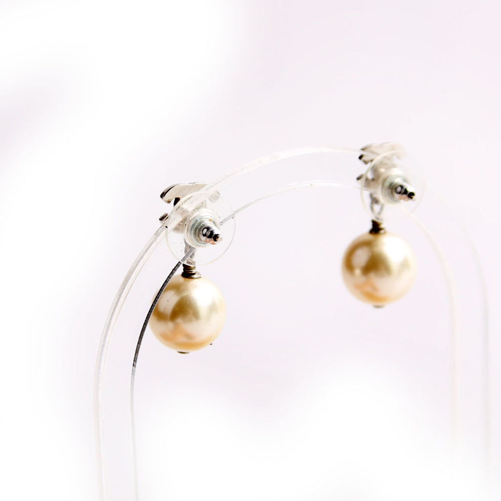 Chanel CC Crystal Pearl Drop Earrings Silver