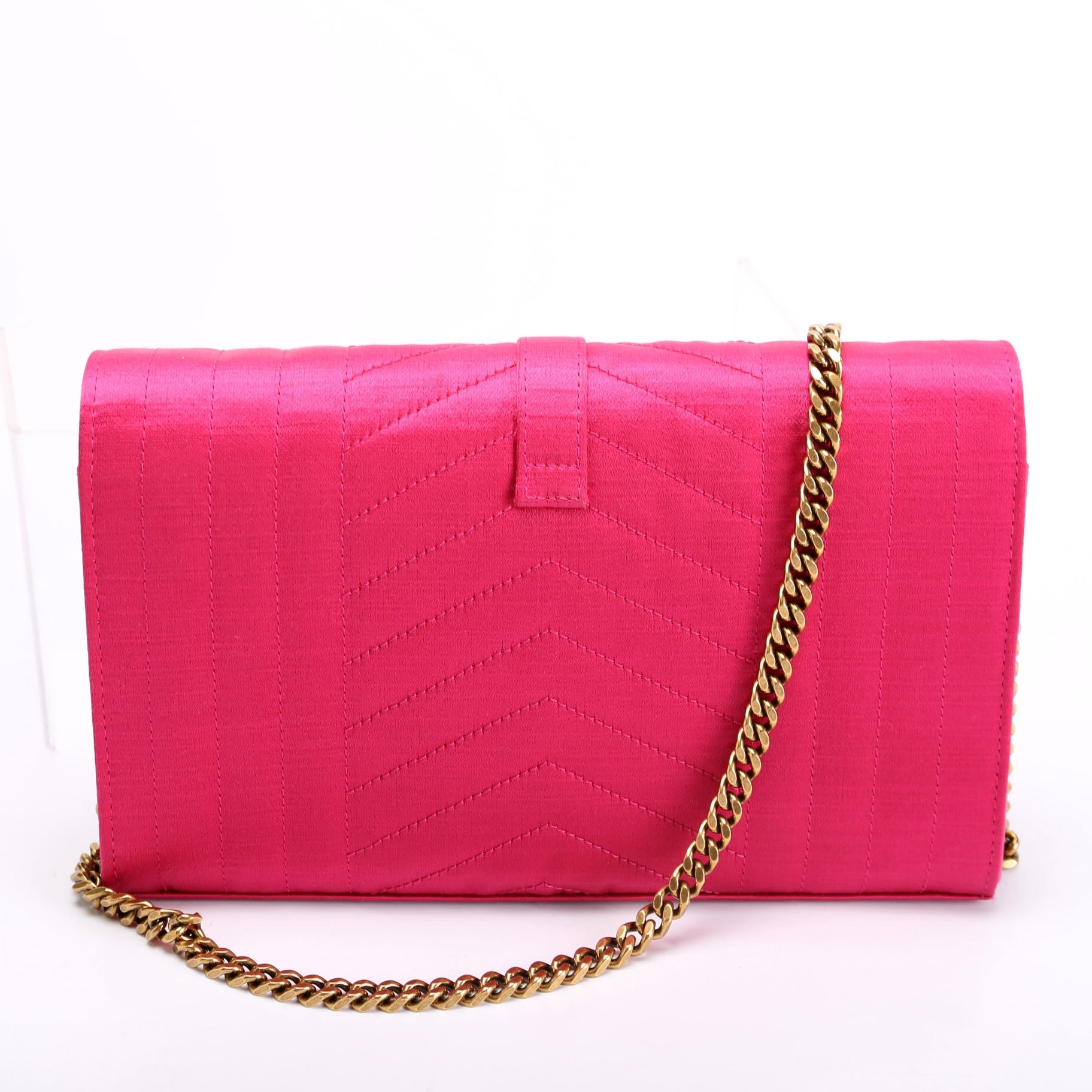 Saint Laurent Triquilt Satin Chain Wallet Pink/Gold