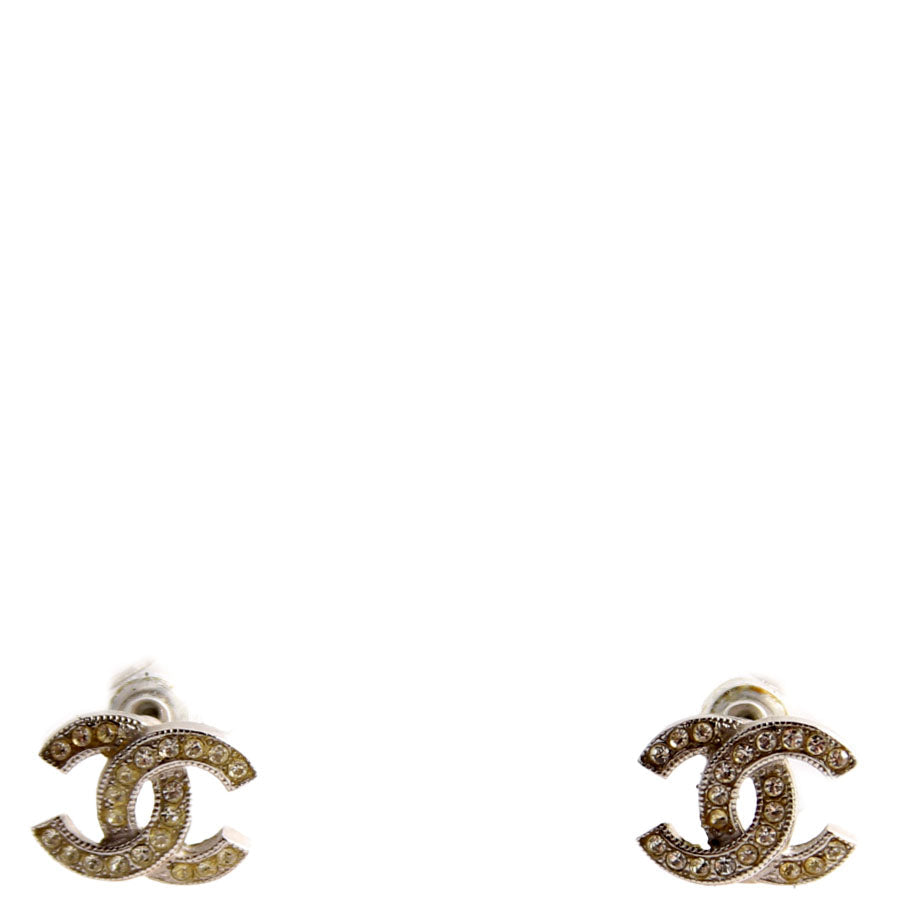 Chanel CC Crystal Stud Earrings Silver