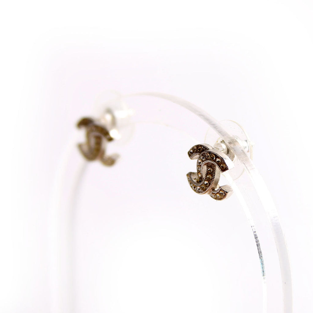 Chanel CC Crystal Stud Earrings Silver