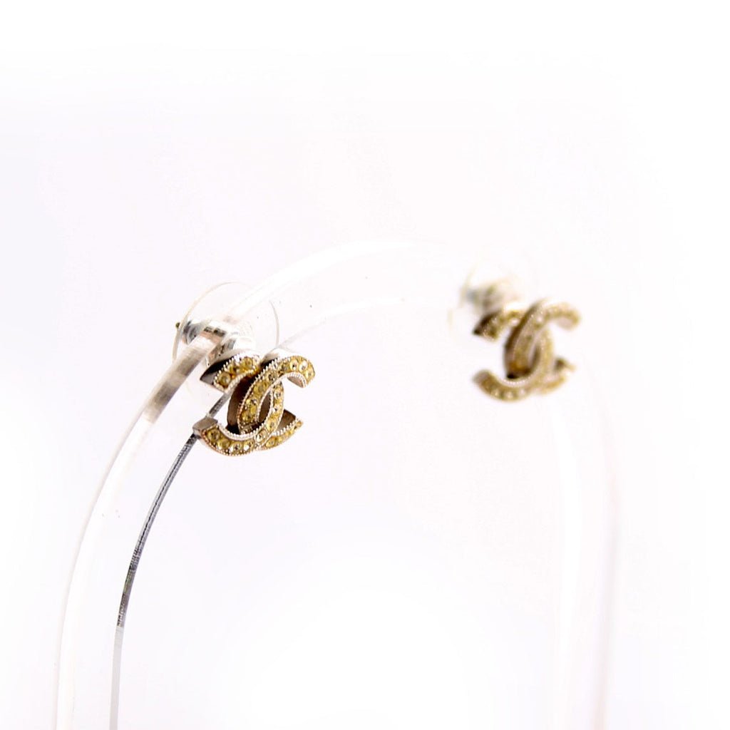 Chanel CC Crystal Stud Earrings Silver