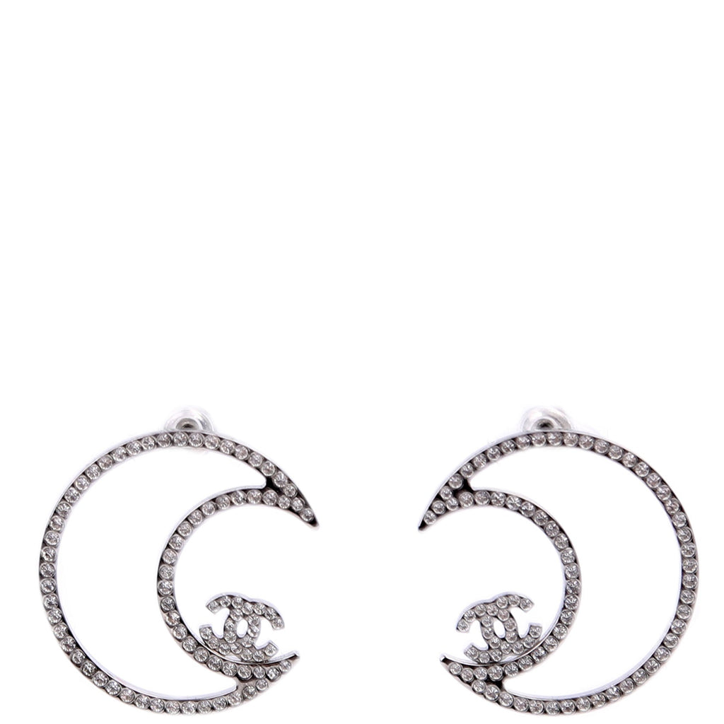 Chanel CC Crystal Moon Stud Earrings Silver