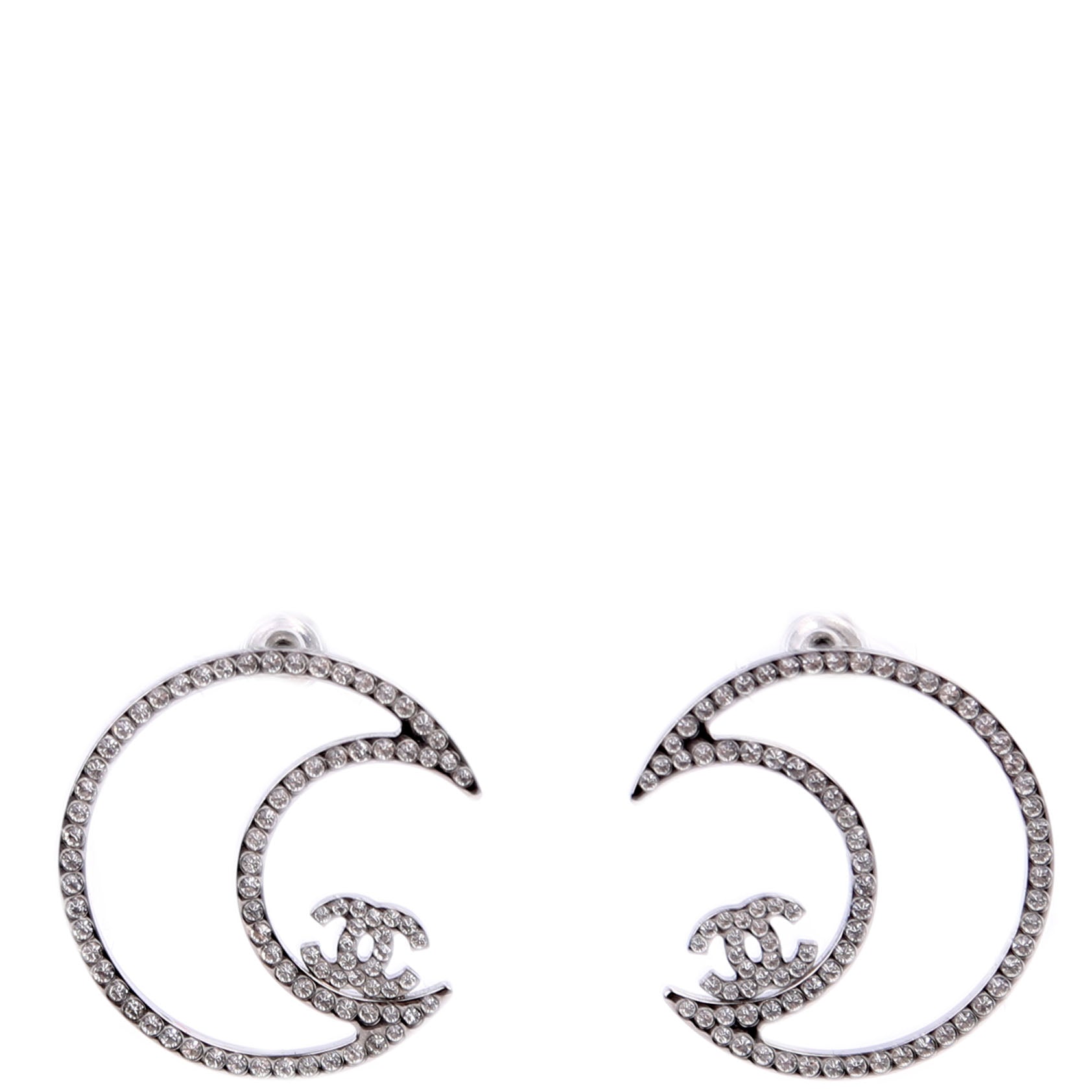 Chanel CC Crystal Moon Stud Earrings Silver
