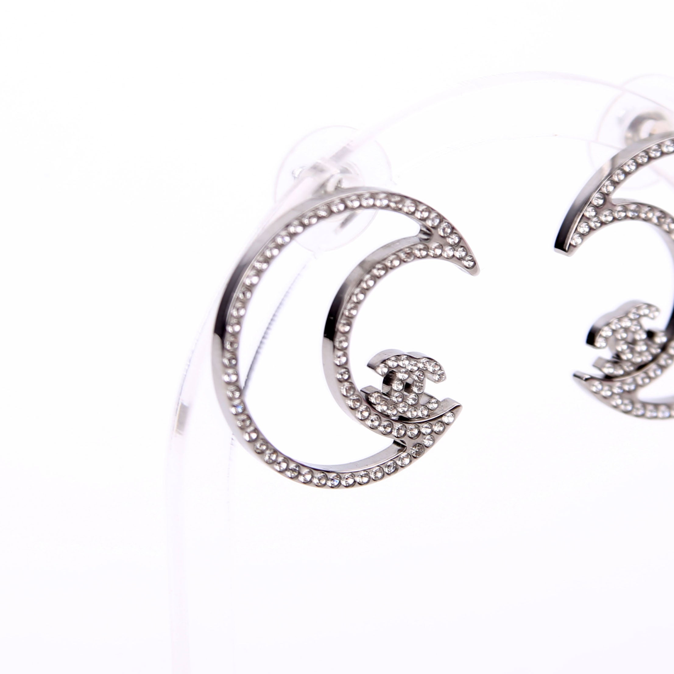 Chanel CC Crystal Moon Stud Earrings Silver