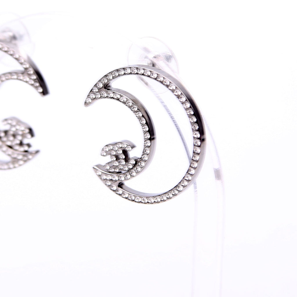 Chanel CC Crystal Moon Stud Earrings Silver