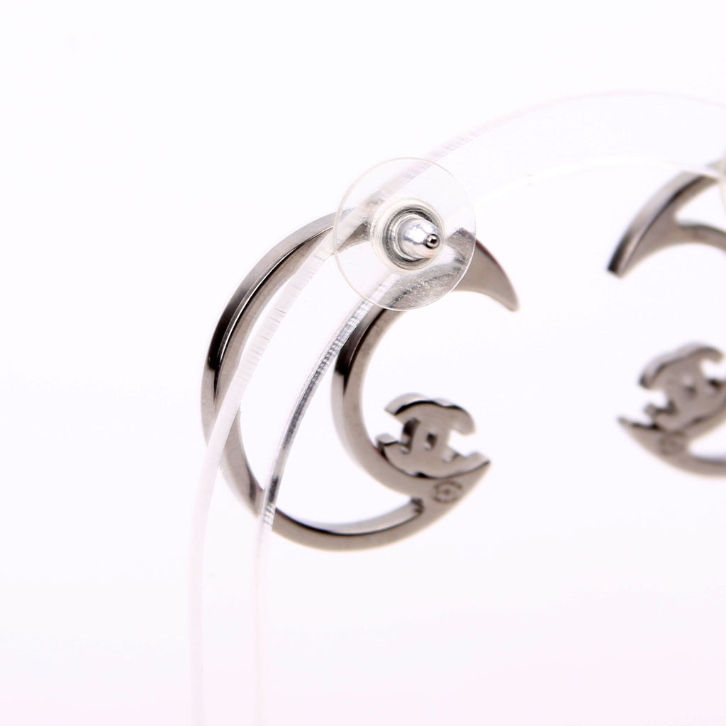 Chanel CC Crystal Moon Stud Earrings Silver