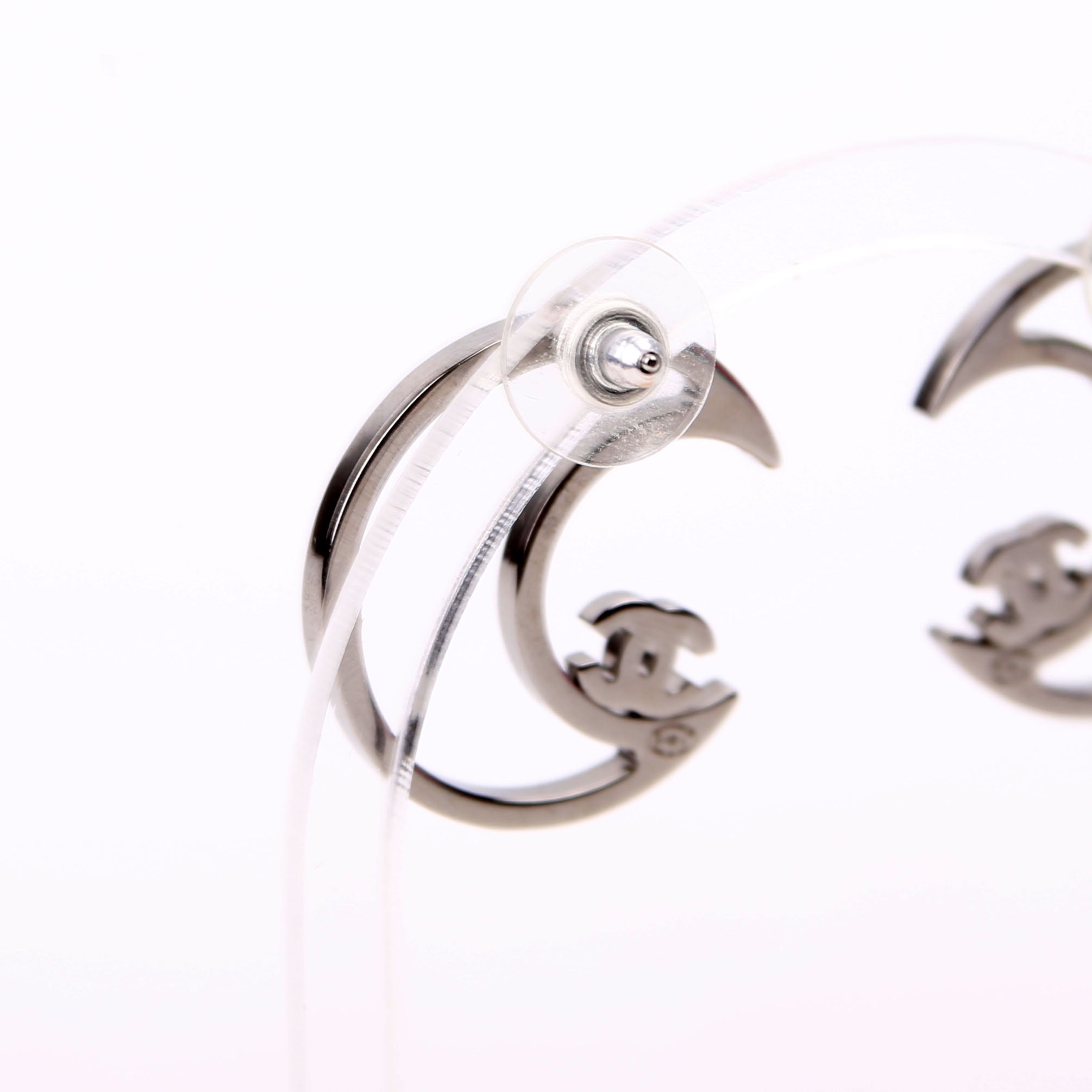 Chanel CC Crystal Moon Stud Earrings Silver
