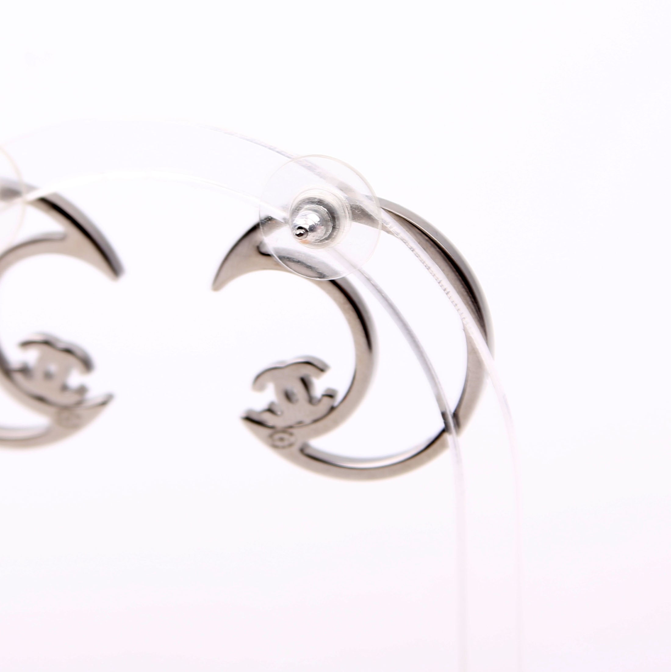 Chanel CC Crystal Moon Stud Earrings Silver