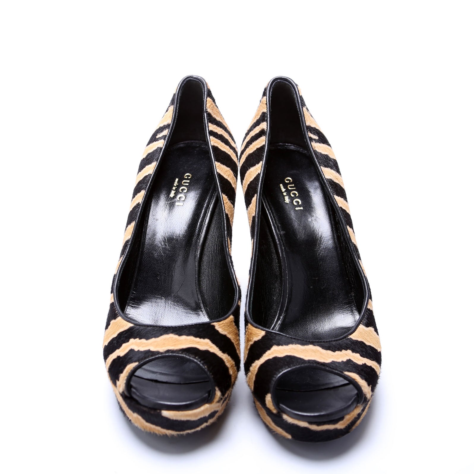 Gucci Betty Calfskin Hair Open Toe Pumps Size 37.5 Brown/Black