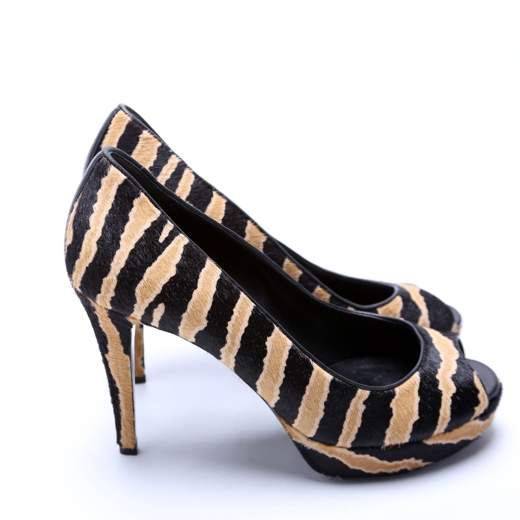 Gucci Betty Calfskin Hair Open Toe Pumps Size 37.5 Brown/Black