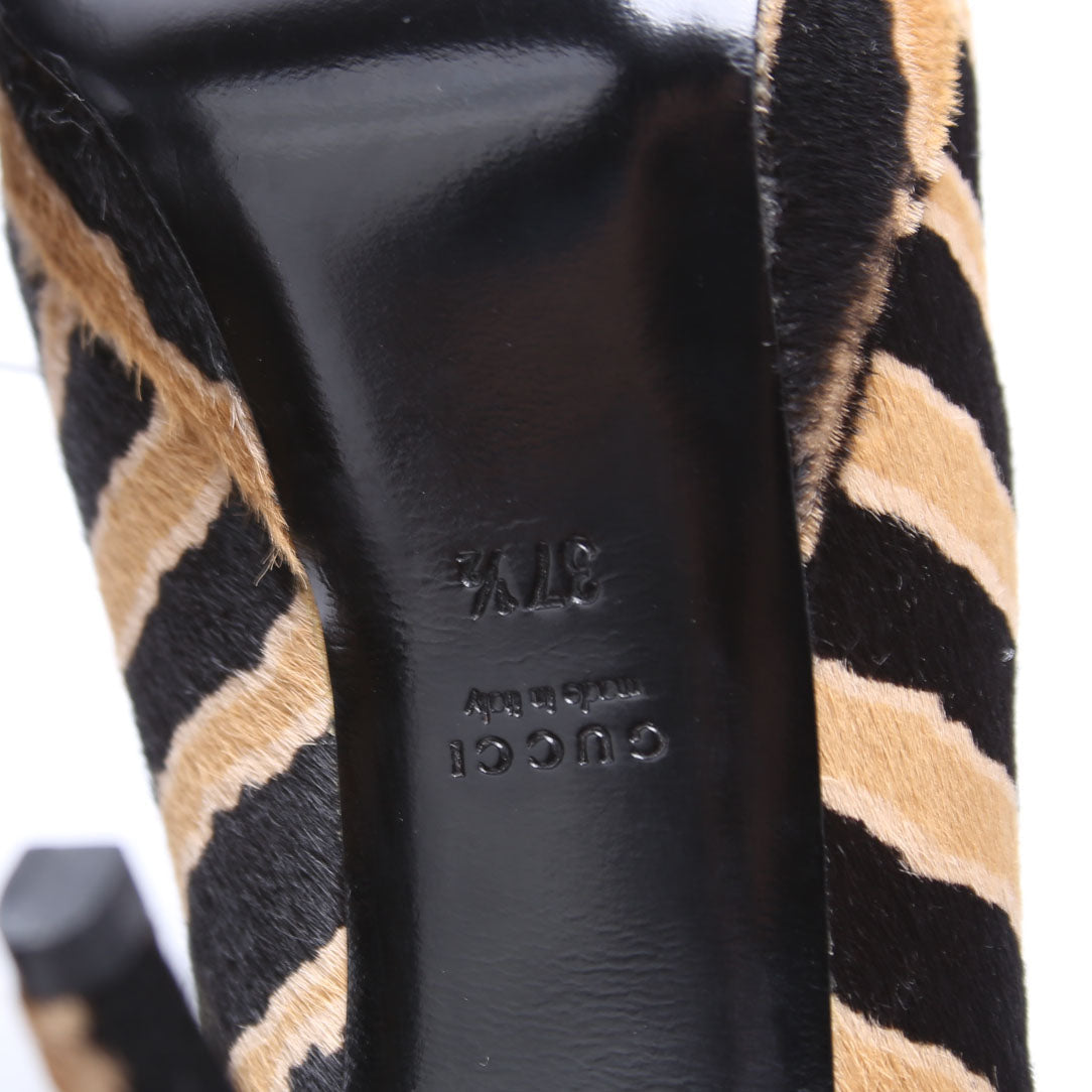 Gucci Betty Calfskin Hair Open Toe Pumps Size 37.5 Brown/Black