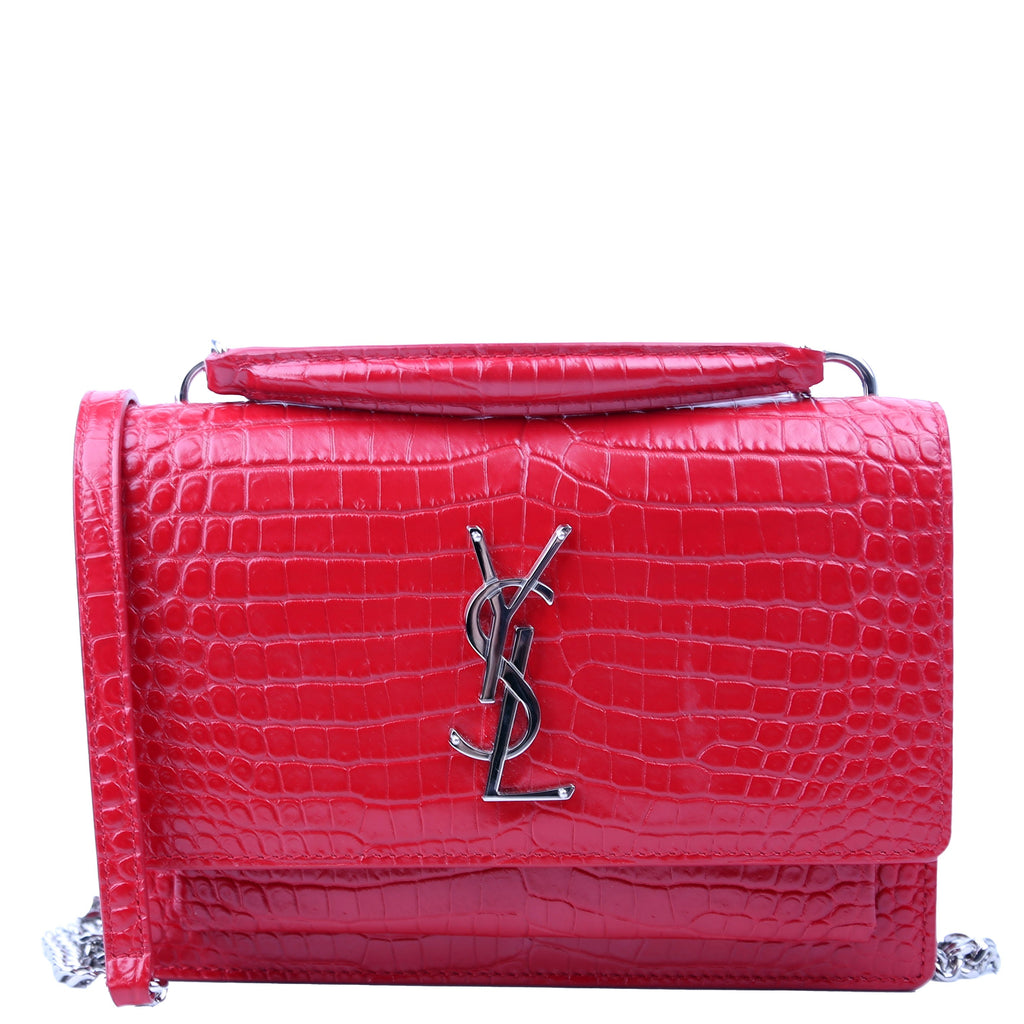 Saint Laurent 533026 Sunset Chain Wallet Croc Embossed Red