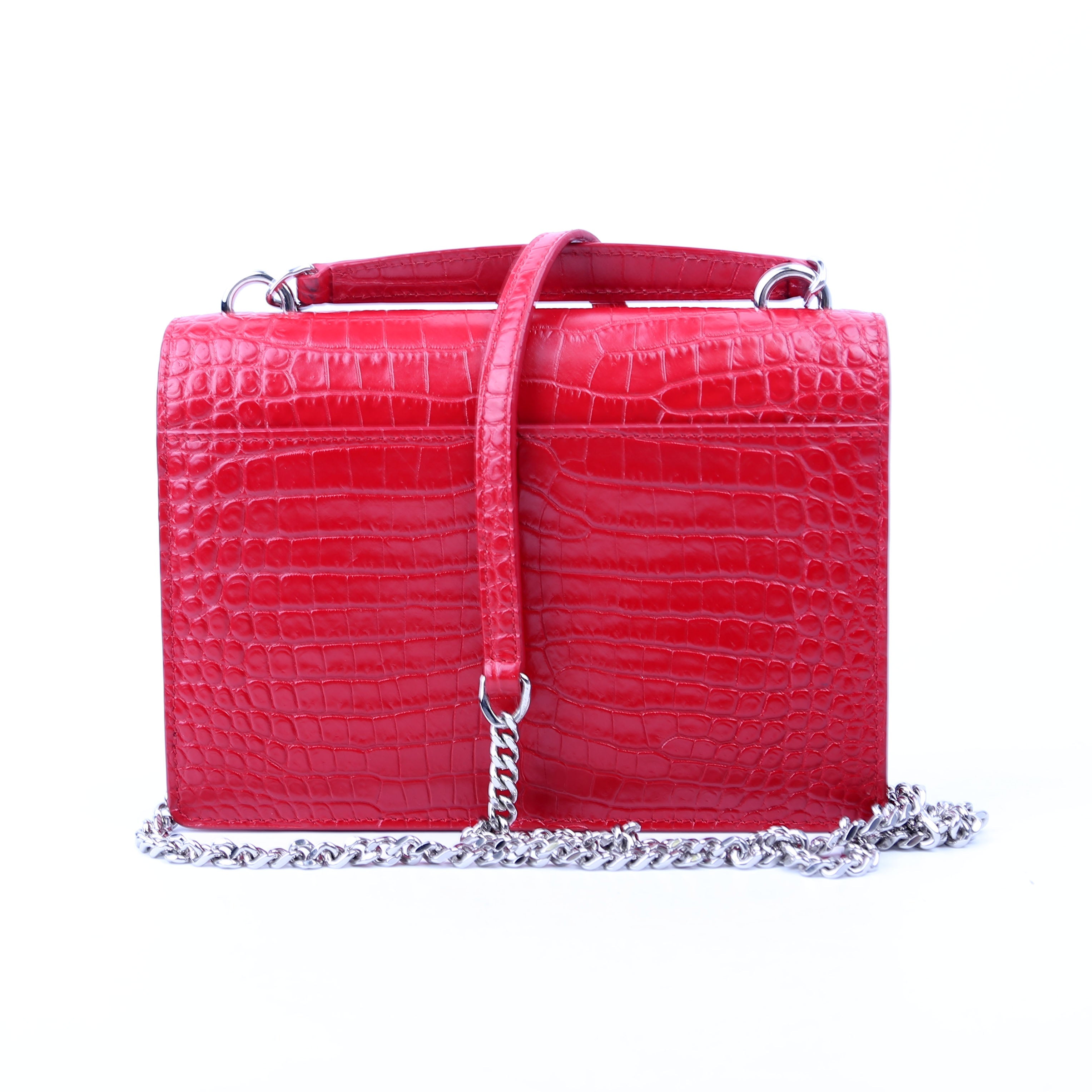 Saint Laurent 533026 Sunset Chain Wallet Croc Embossed Red