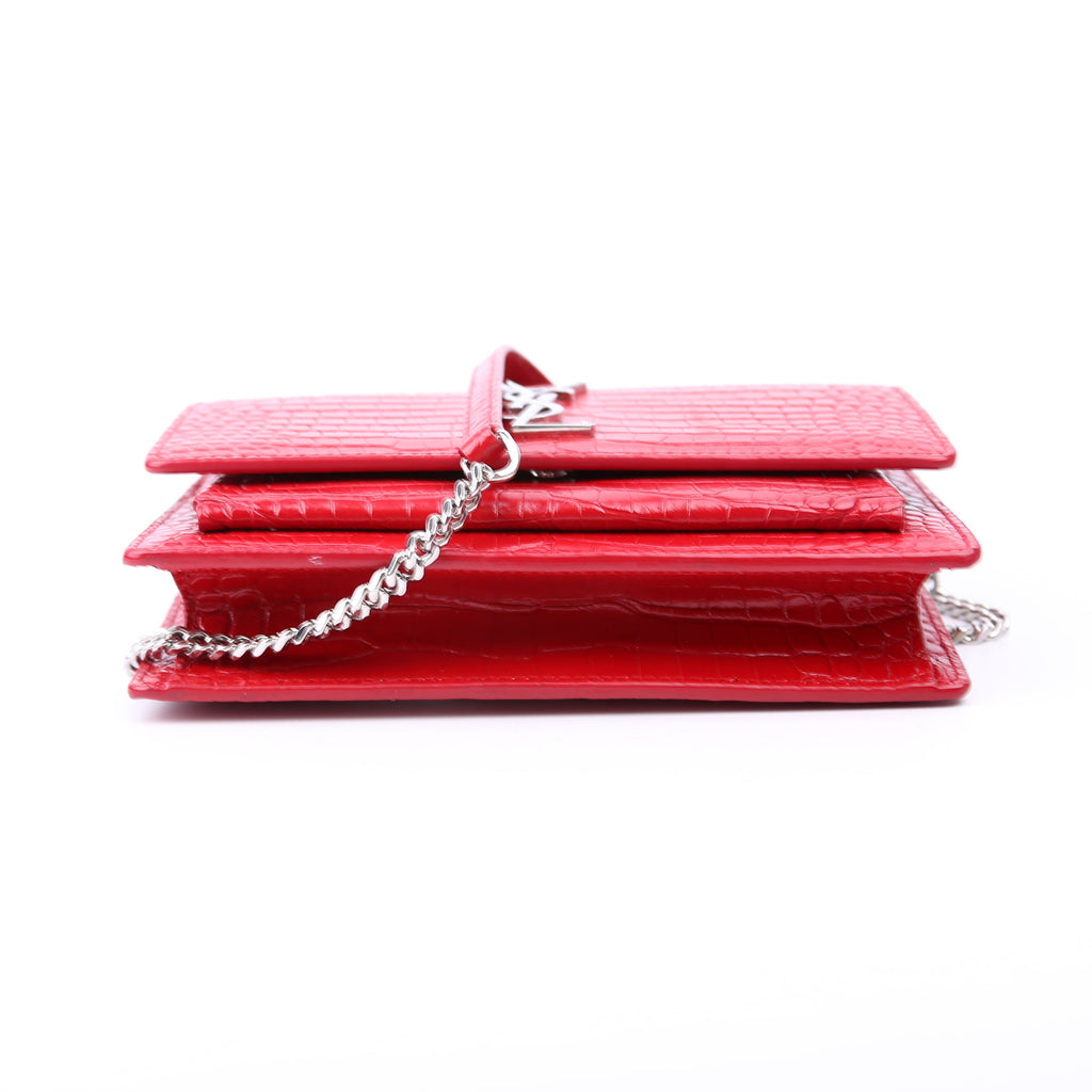 Saint Laurent 533026 Sunset Chain Wallet Croc Embossed Red