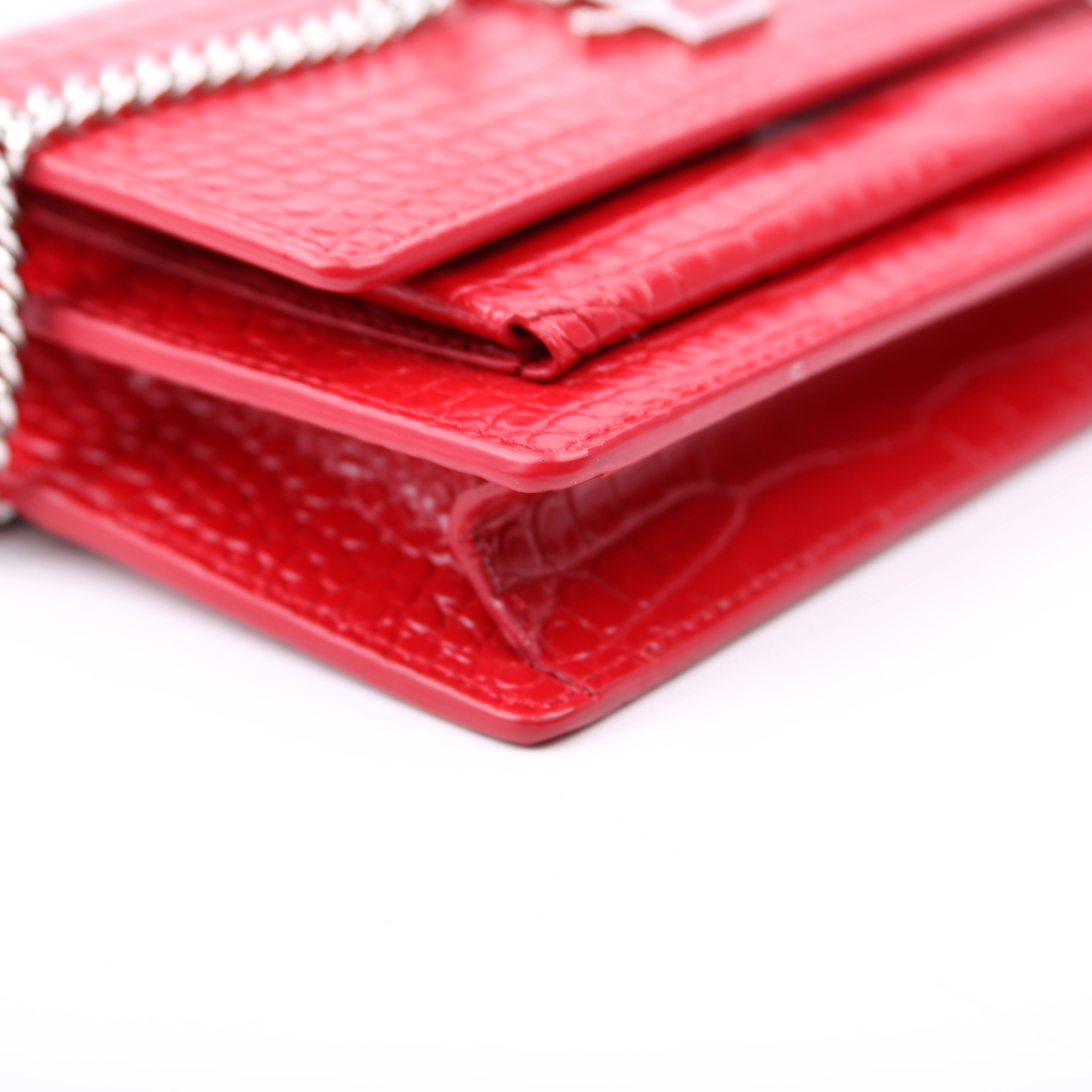 Saint Laurent 533026 Sunset Chain Wallet Croc Embossed Red