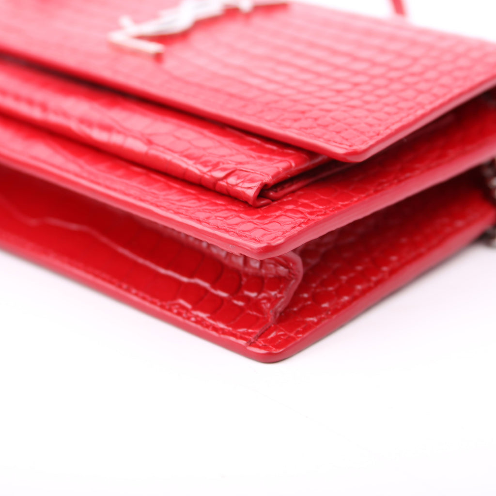 Saint Laurent 533026 Sunset Chain Wallet Croc Embossed Red