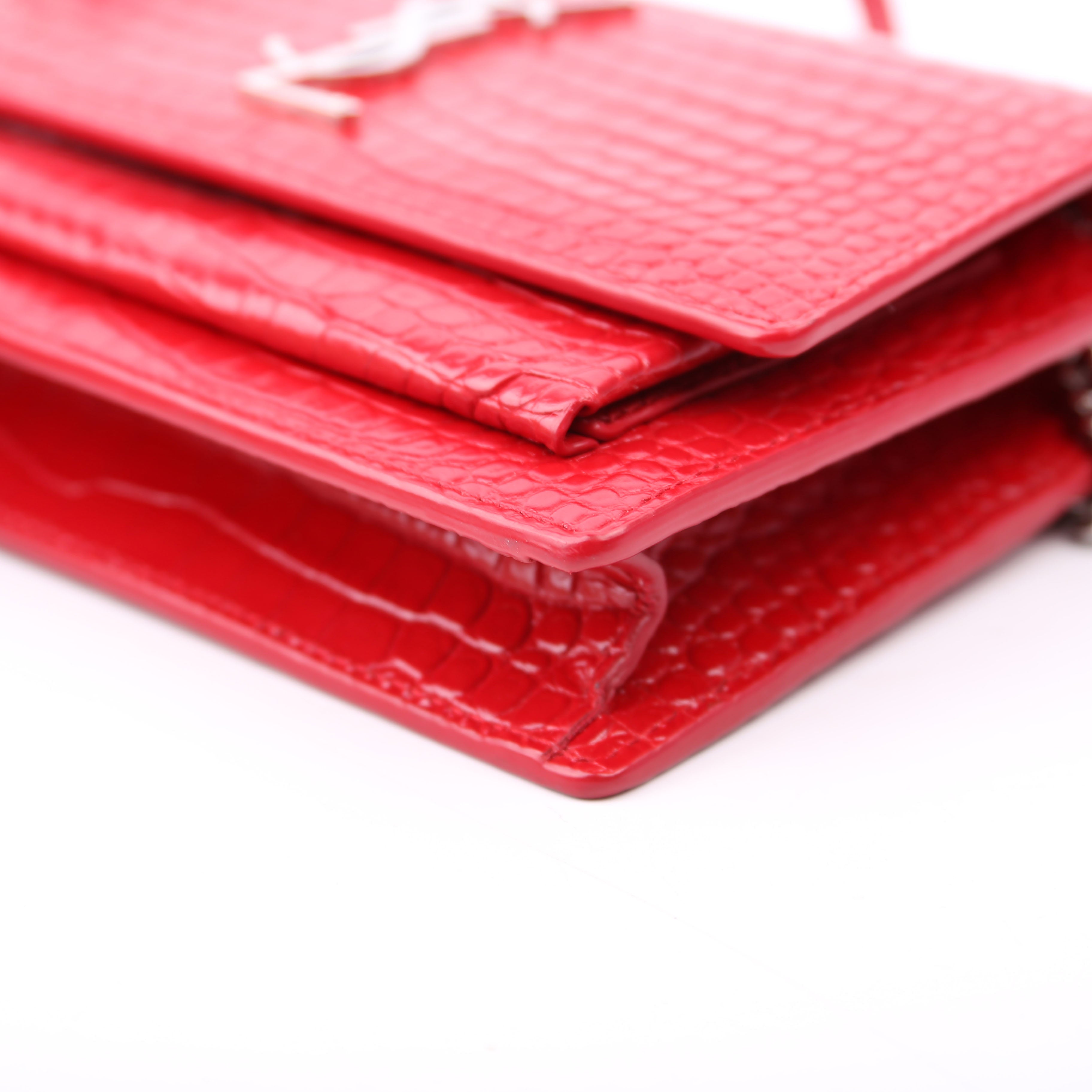 Saint Laurent 533026 Sunset Chain Wallet Croc Embossed Red
