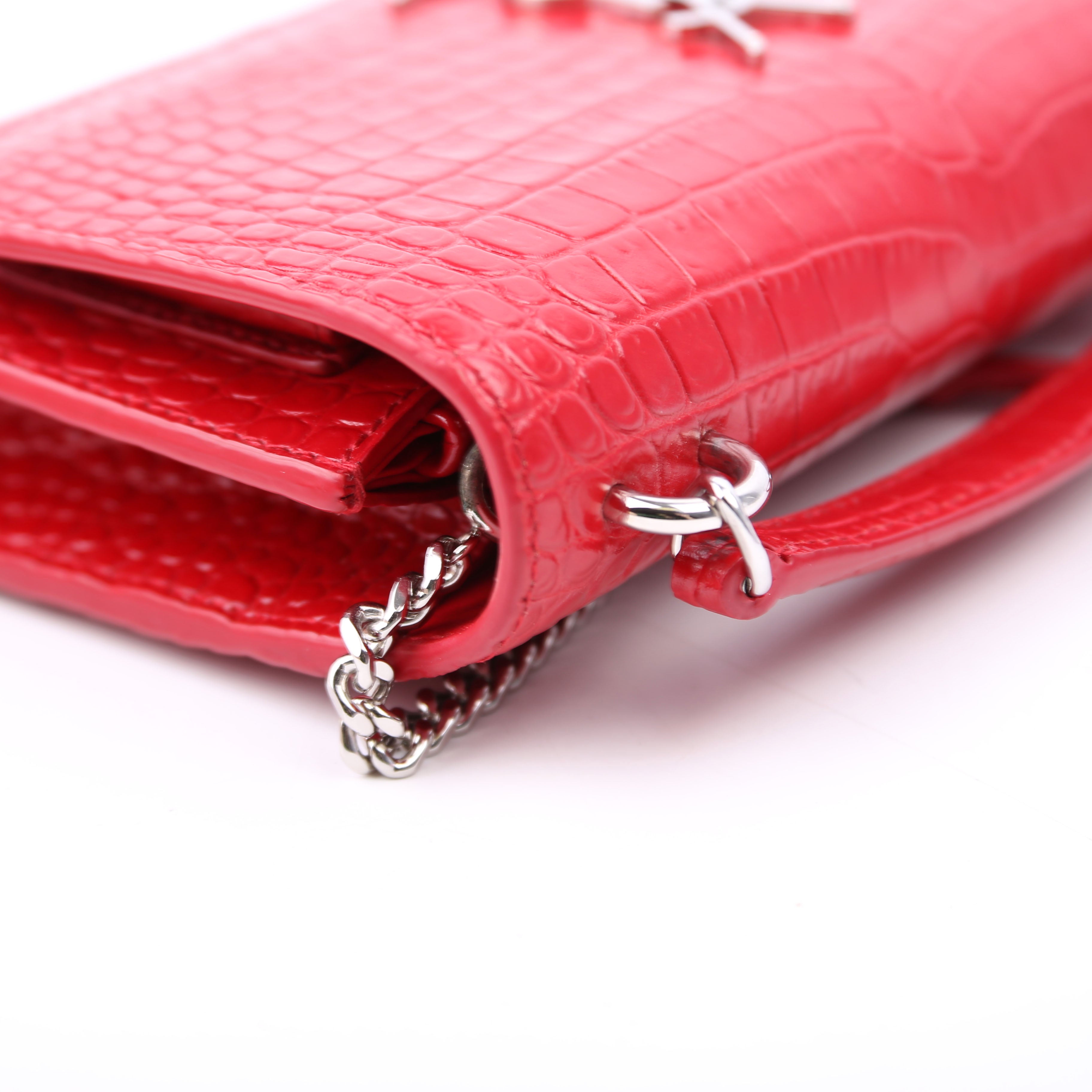 Saint Laurent 533026 Sunset Chain Wallet Croc Embossed Red