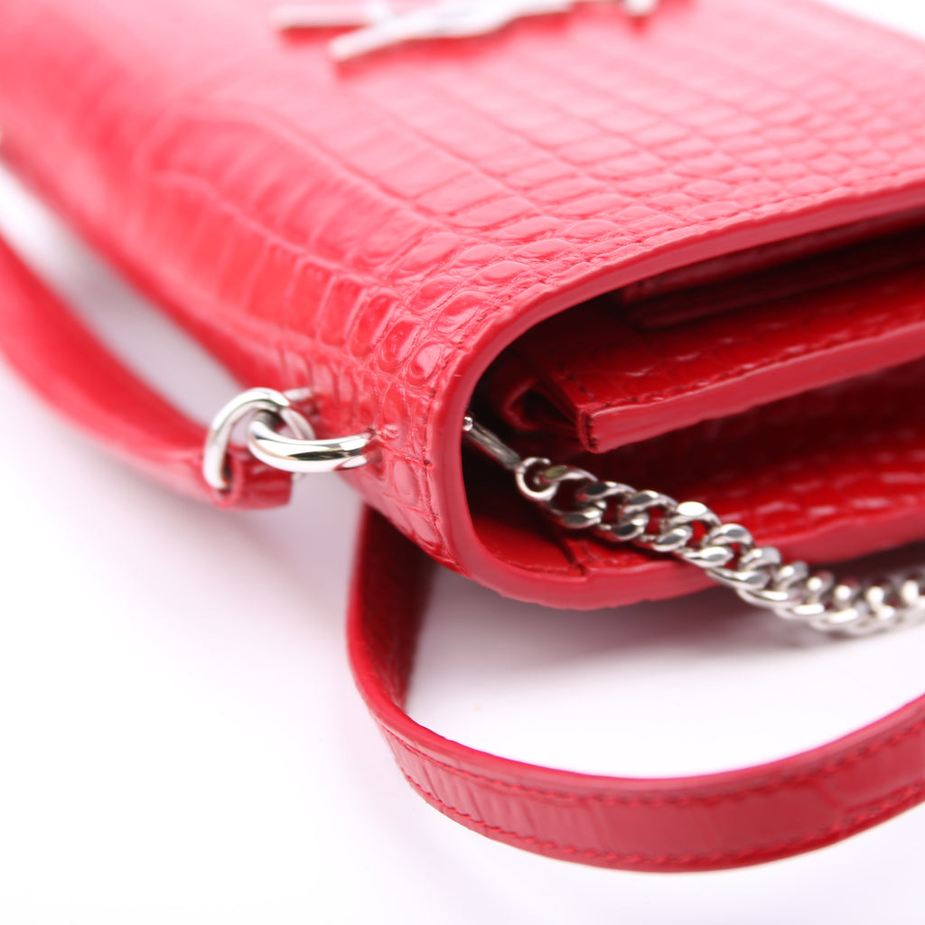 Saint Laurent 533026 Sunset Chain Wallet Croc Embossed Red