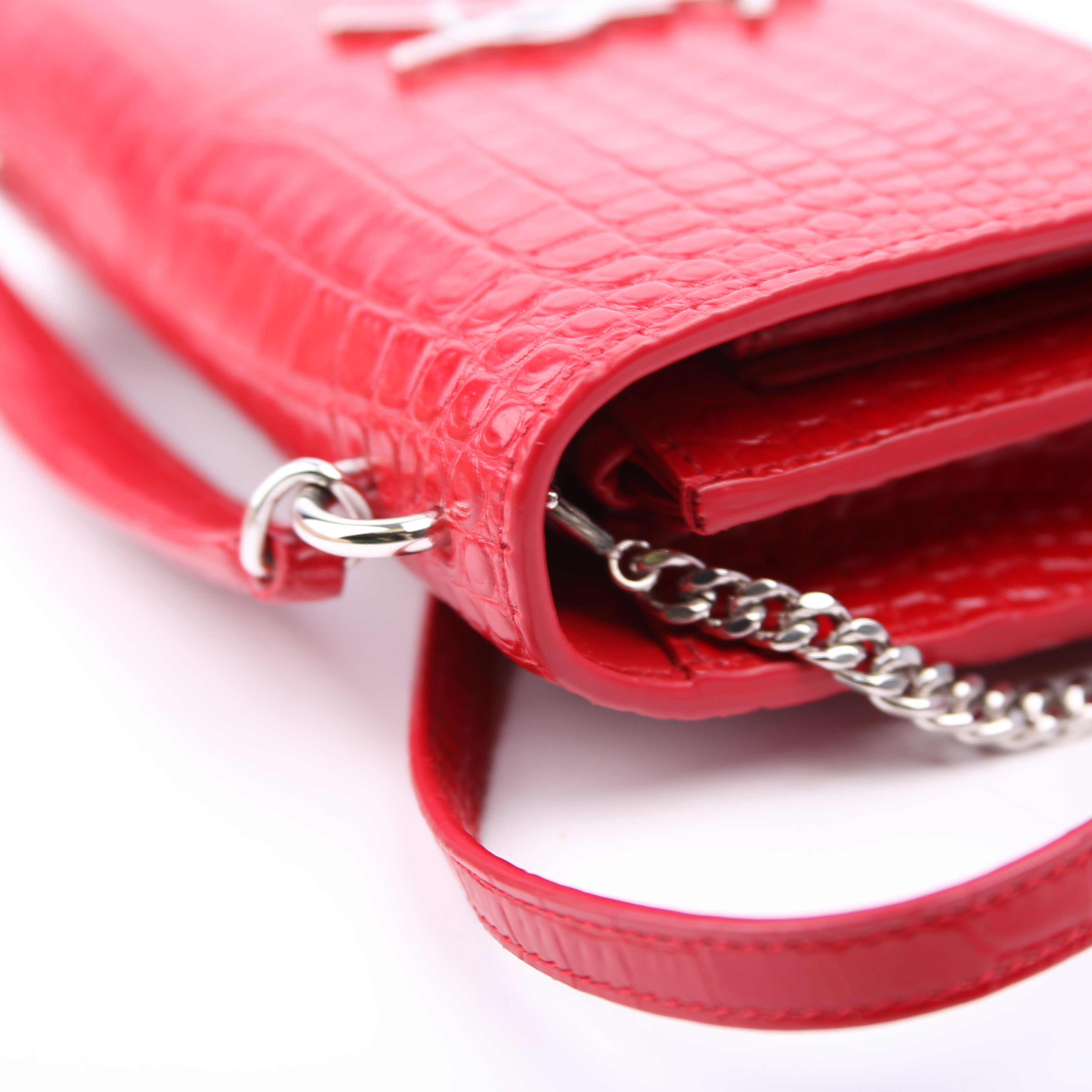 Saint Laurent 533026 Sunset Chain Wallet Croc Embossed Red