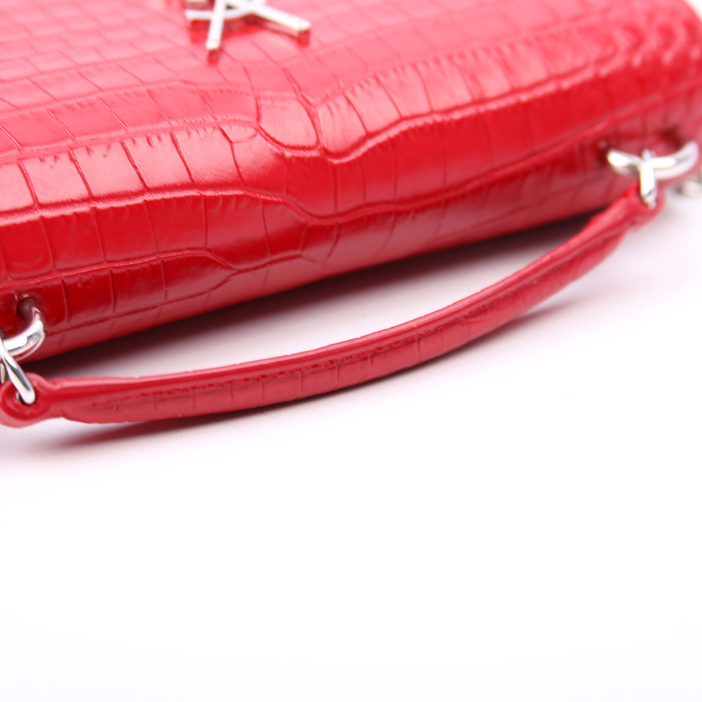 Saint Laurent 533026 Sunset Chain Wallet Croc Embossed Red
