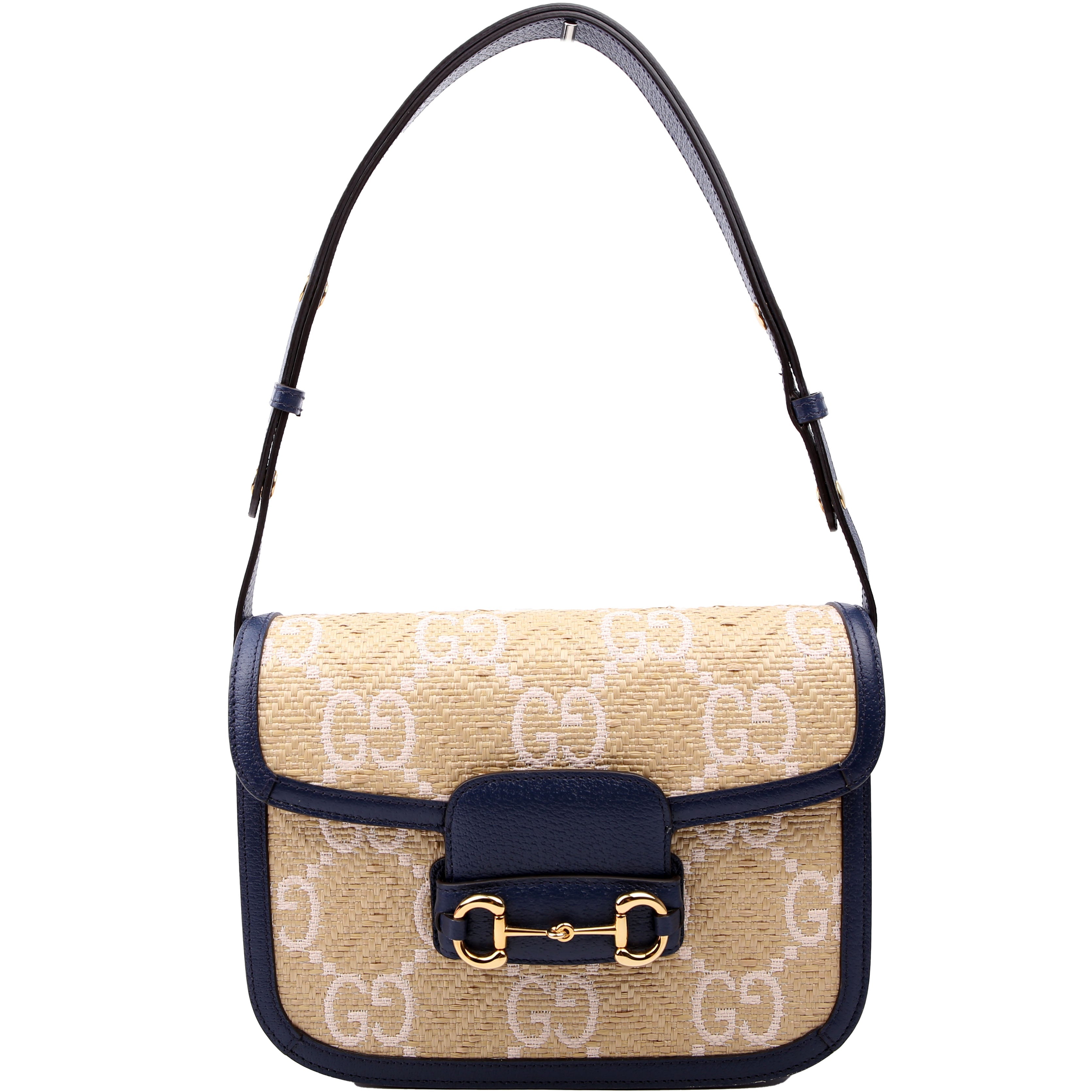 Gucci 602204 Horsebit 1955 GG Raffia Shoulder Bag Blue