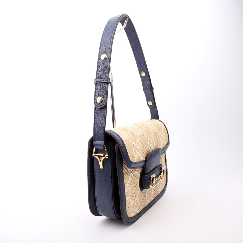 Gucci 602204 Horsebit 1955 GG Raffia Shoulder Bag Blue