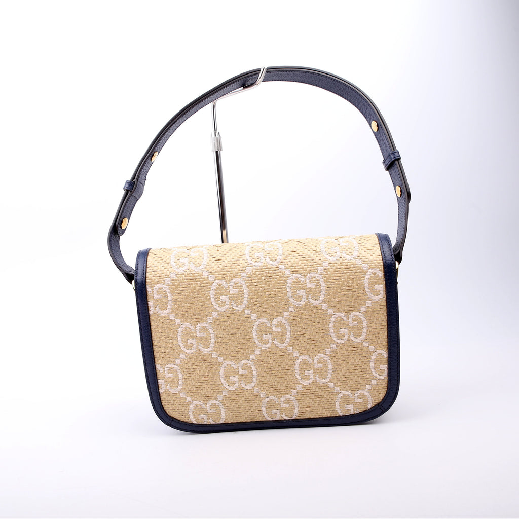 Gucci 602204 Horsebit 1955 GG Raffia Shoulder Bag Blue